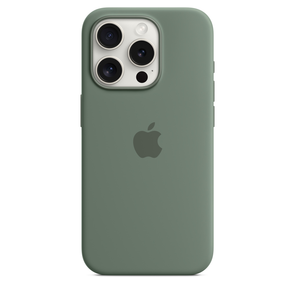 Green phone case with three camera lenses and Apple logo.