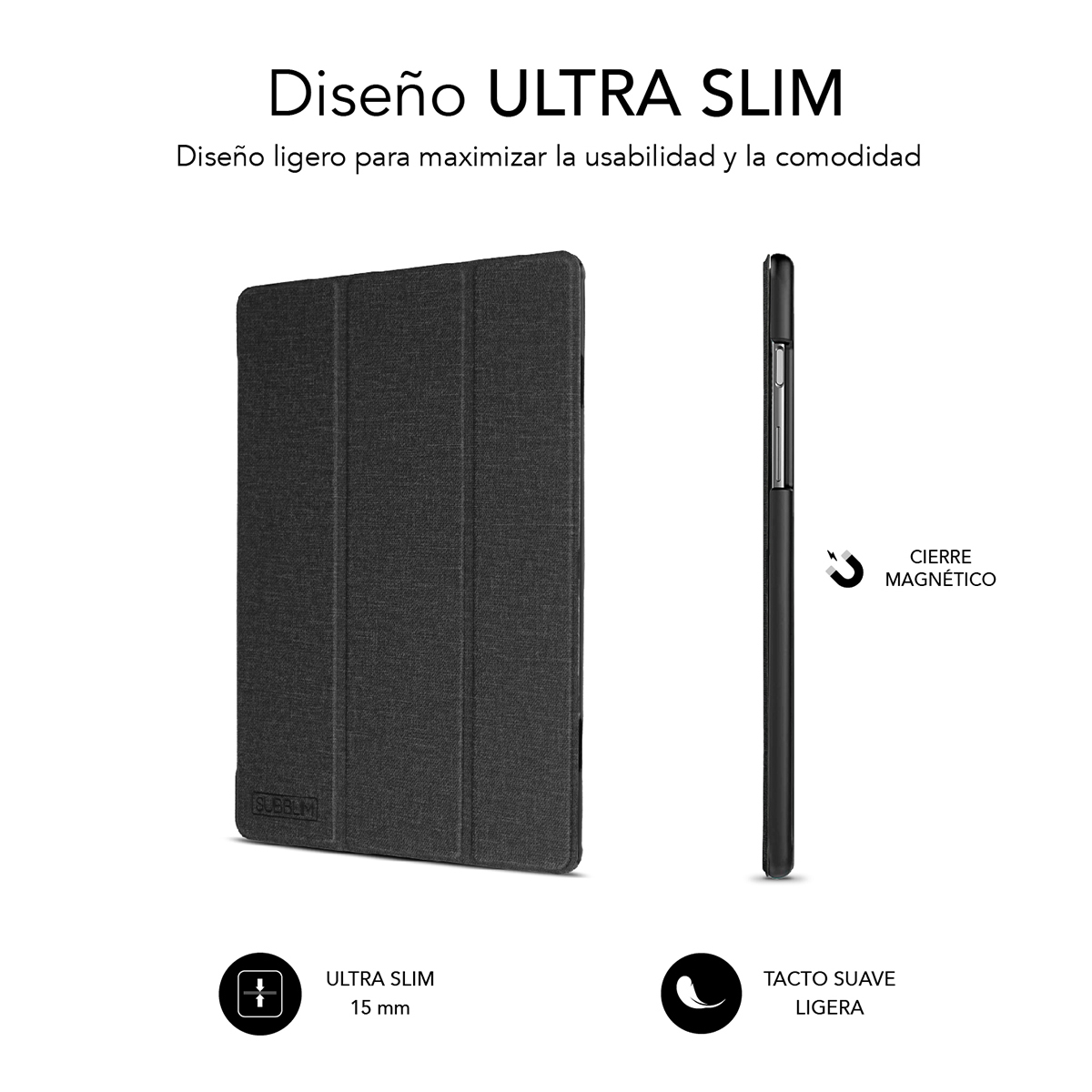 Funda negra para tableta con cierre magnético, ultraligera y delgada.