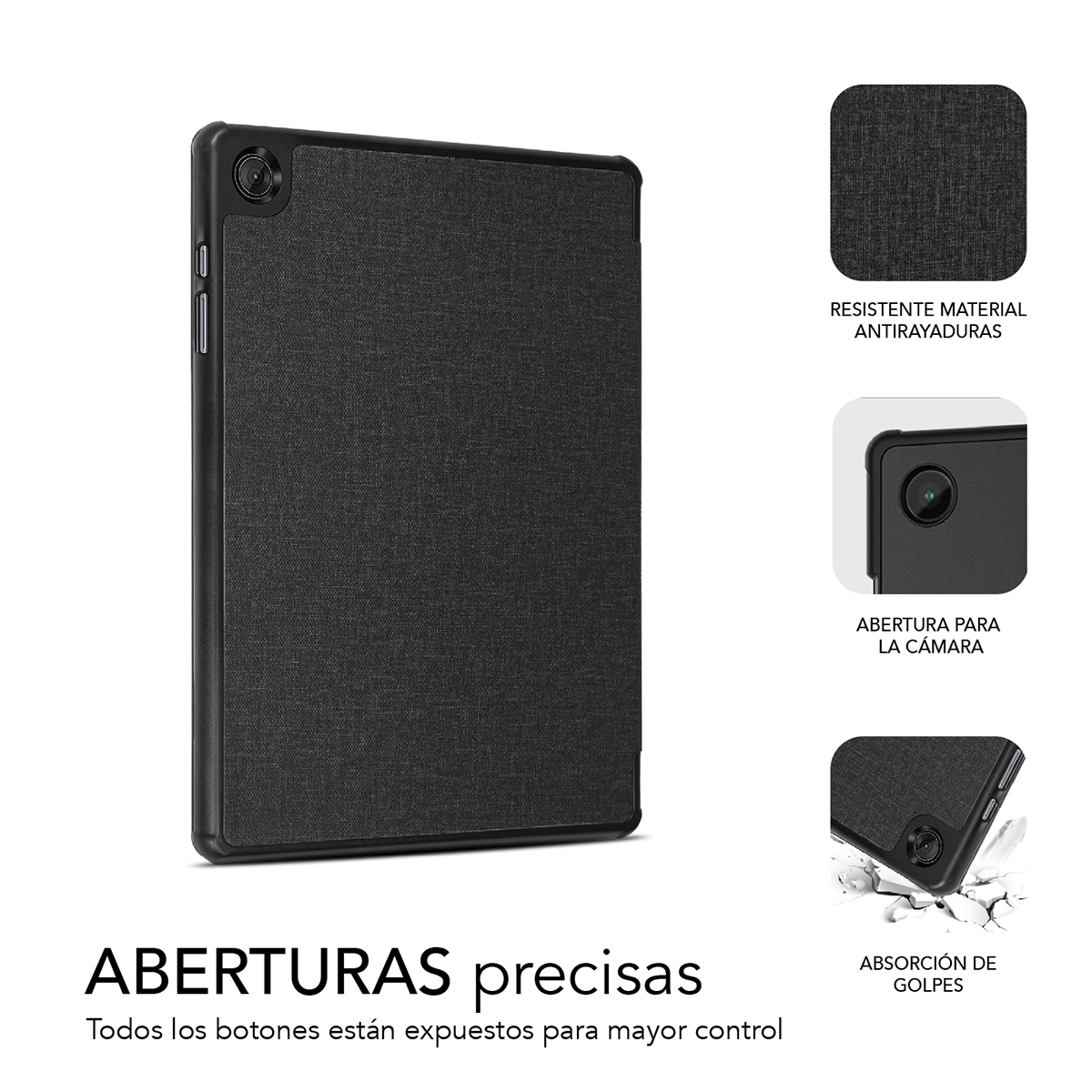 Funda negra para tableta con recortes precisos para cámara y botones.