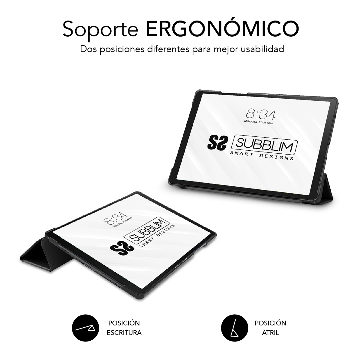 Una tableta en dos posiciones, escritura y soporte, con logo.