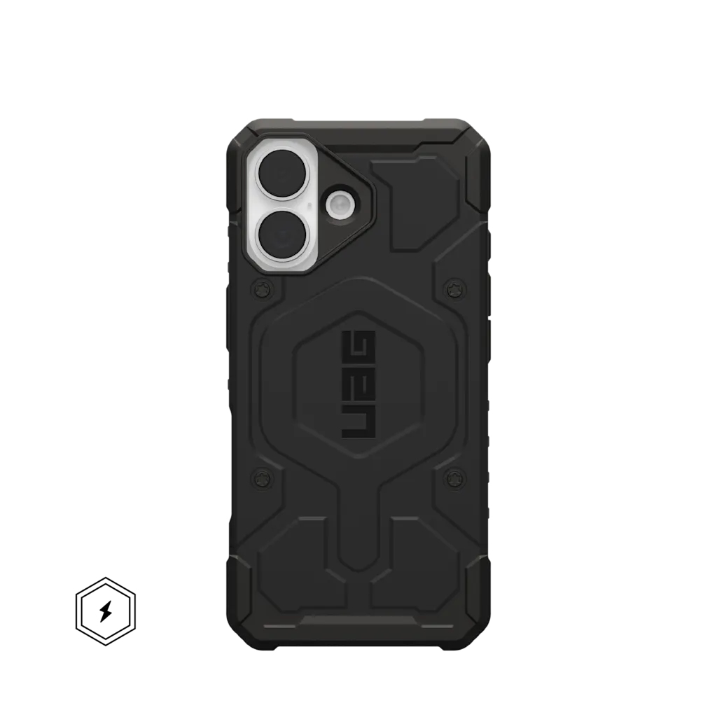 Schwarze Handyhülle mit zwei Kameras und UAG-Logo.