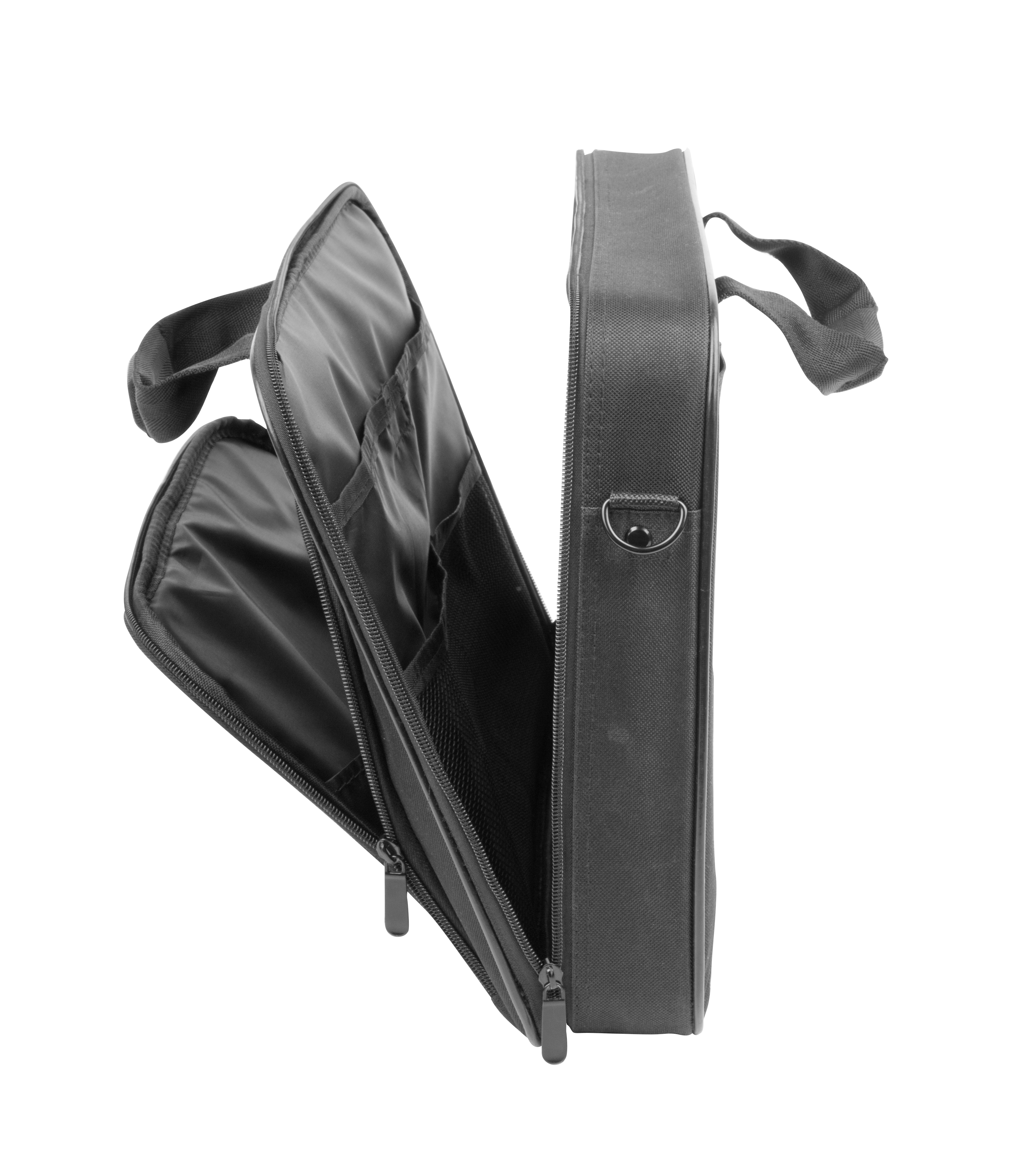 Una bolsa negra para portátil con compartimentos abiertos y cremalleras sobre fondo blanco.