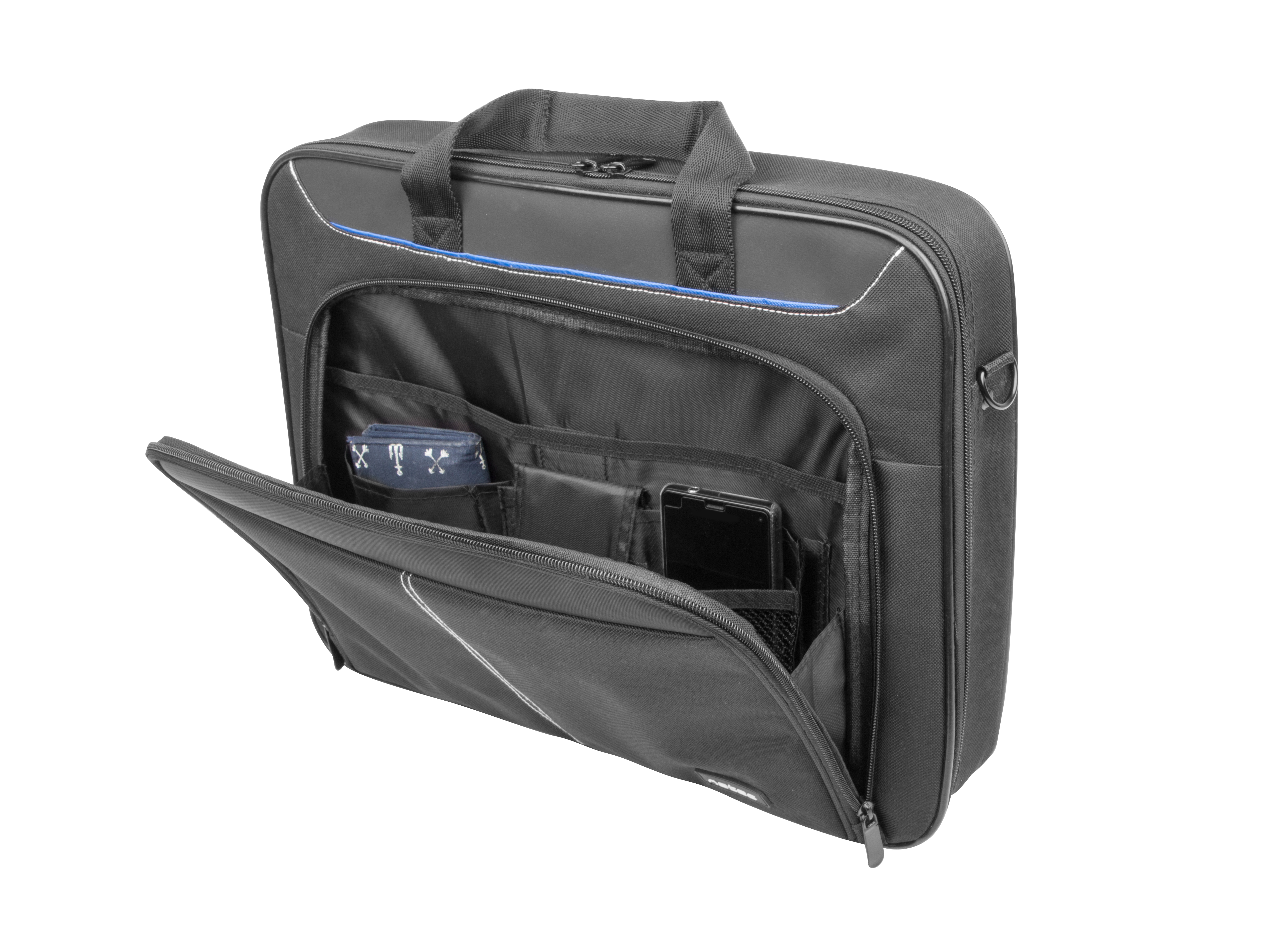 Maletín negro para portátil con compartimento abierto que contiene un teléfono y una cartera azul.