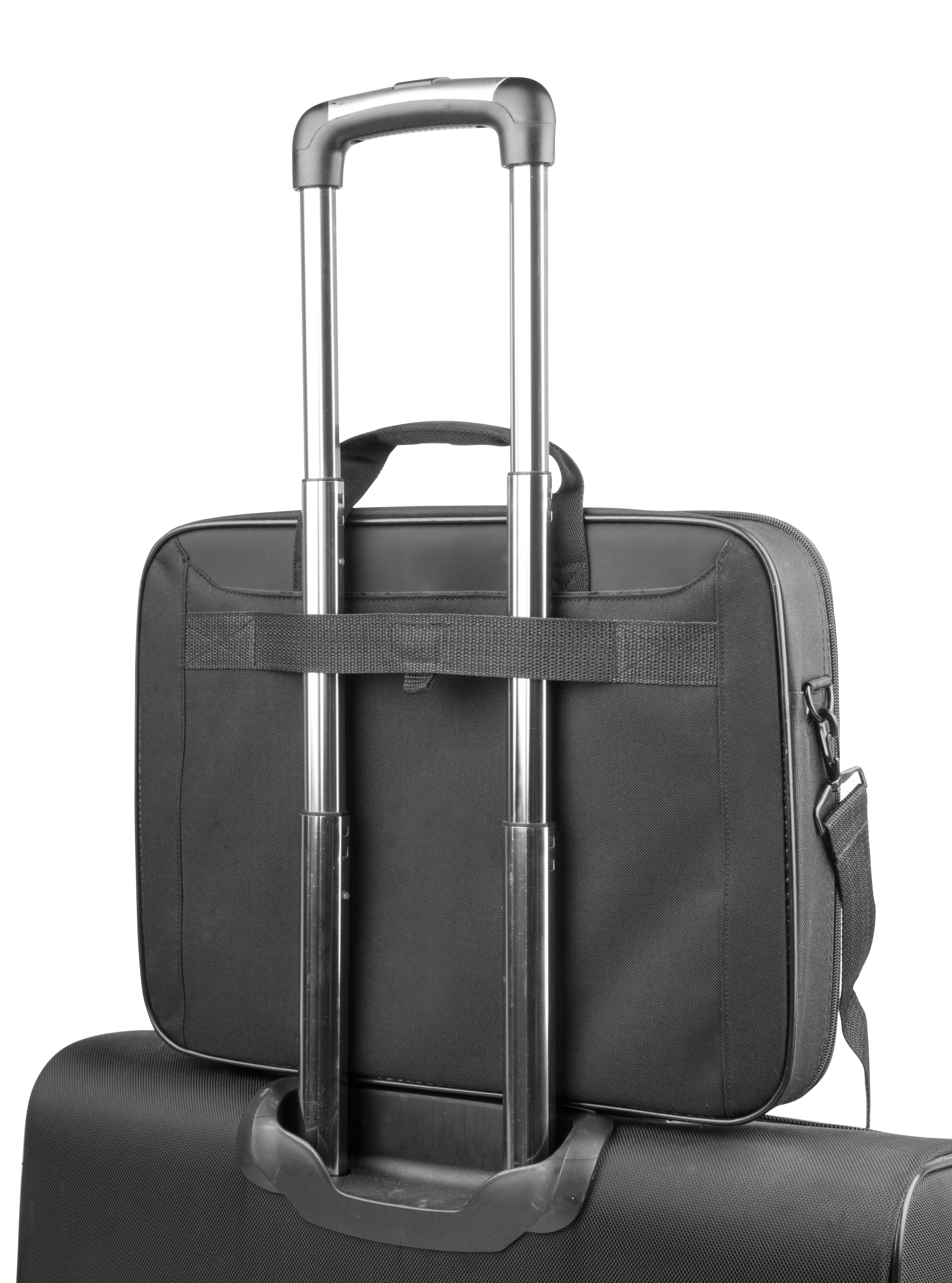 Maletín negro sobre un trolley negro con asa extensible.