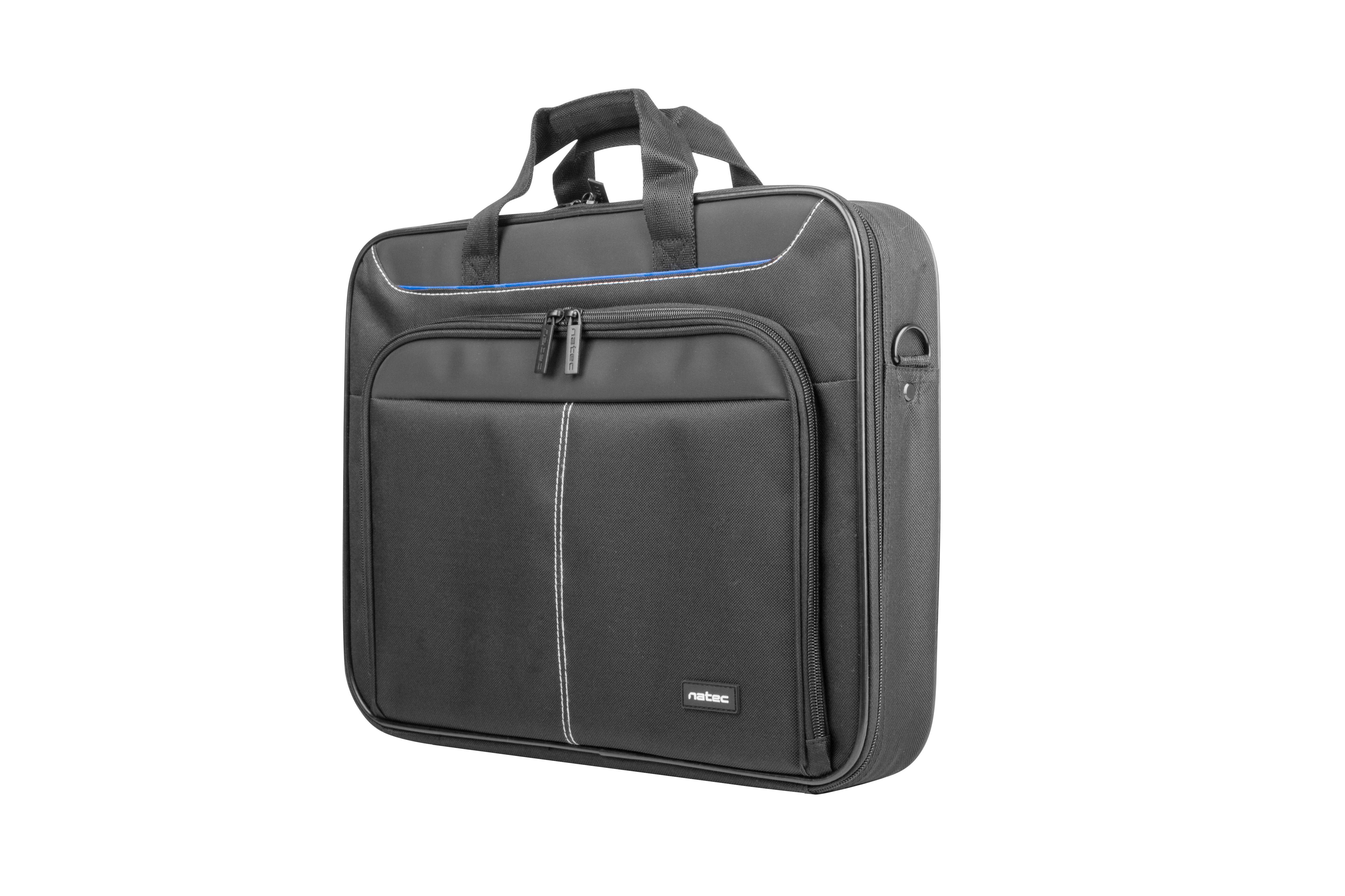 Bolso negro para portátil con asas, cremalleras y detalle de raya azul.