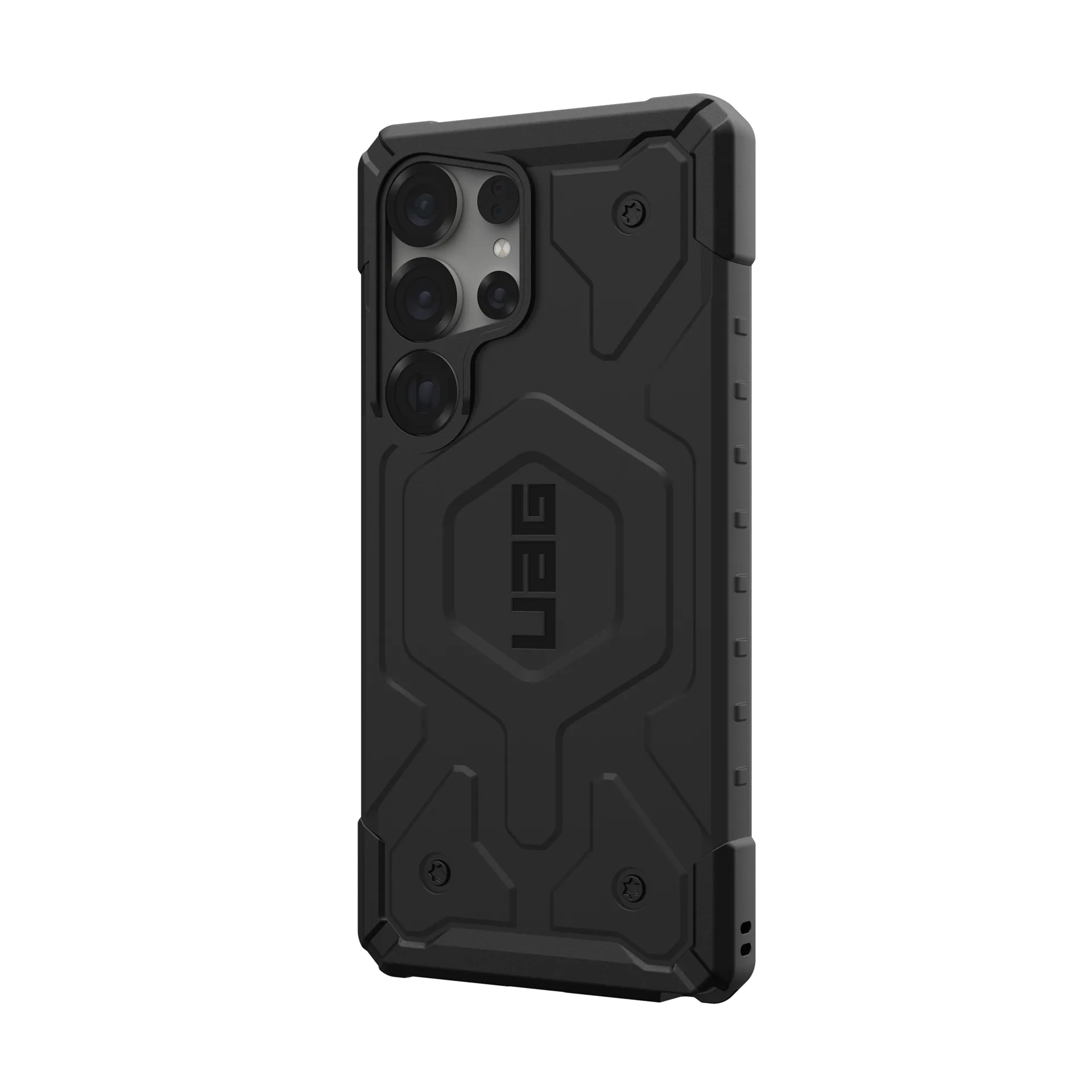 Custodia nera per telefono con ritaglio fotocamera e logo UAG.