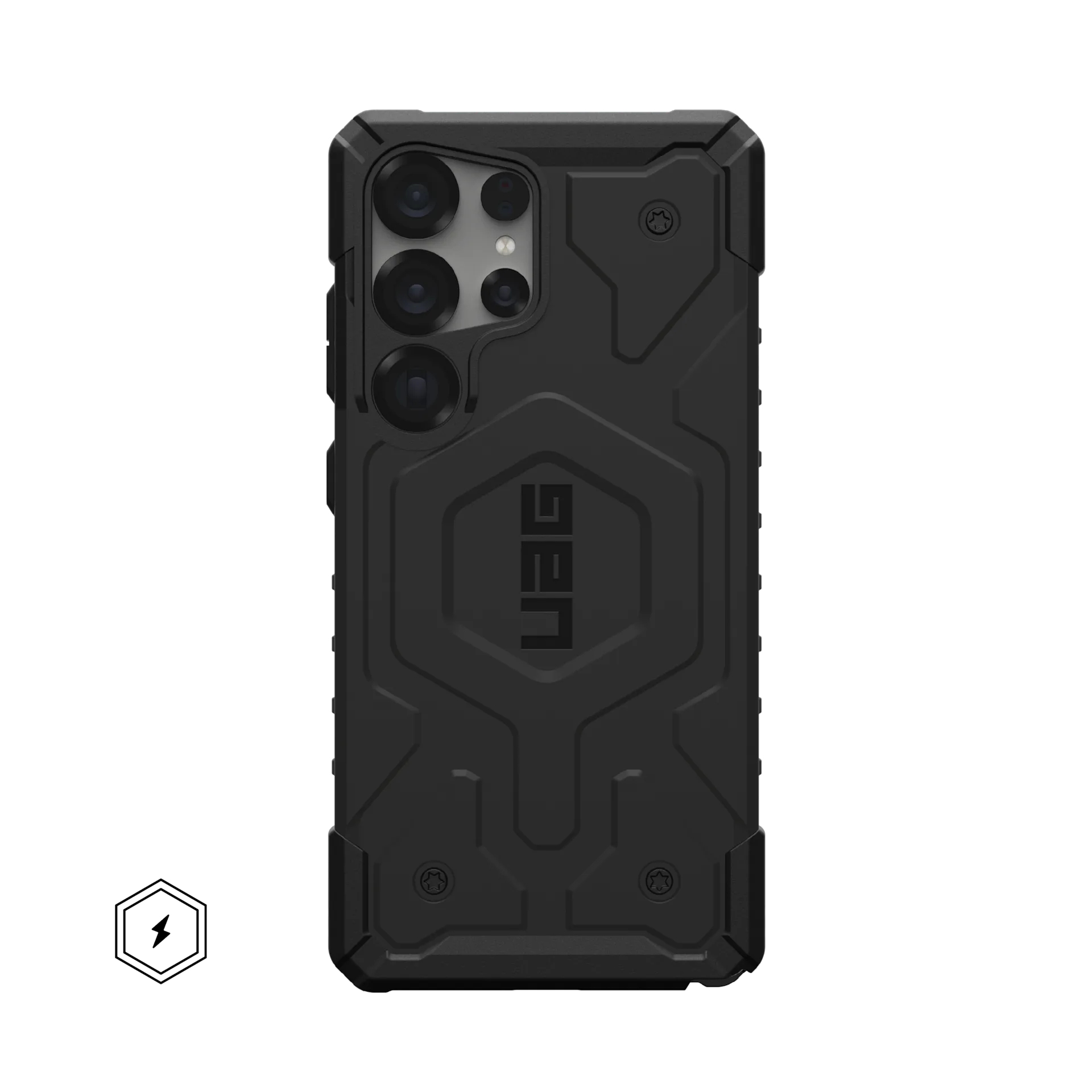 Custodia protettiva nera per telefono con ritaglio fotocamera e logo UAG.