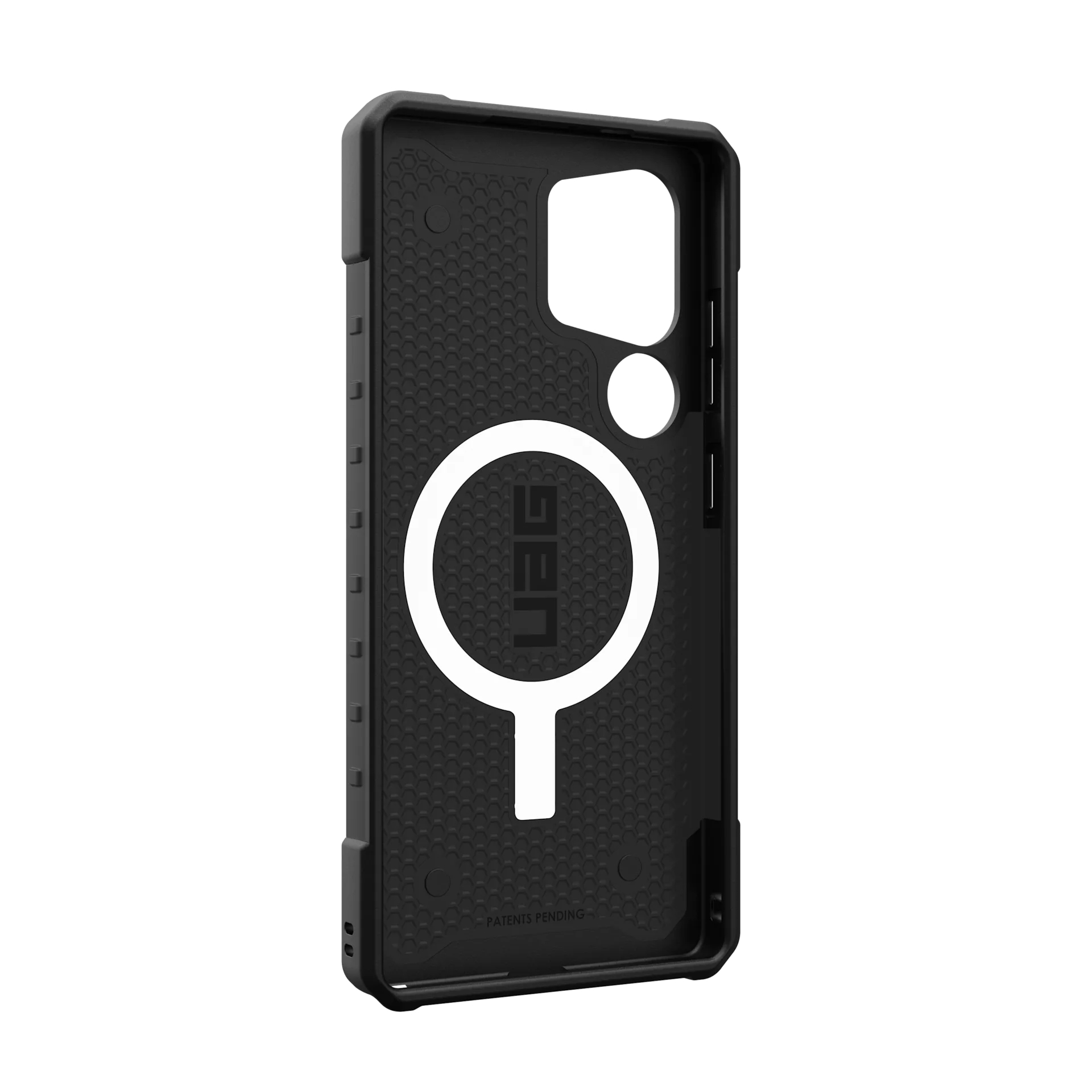 Custodia nera per telefono con interno a nido d'ape e logo UAG bianco.