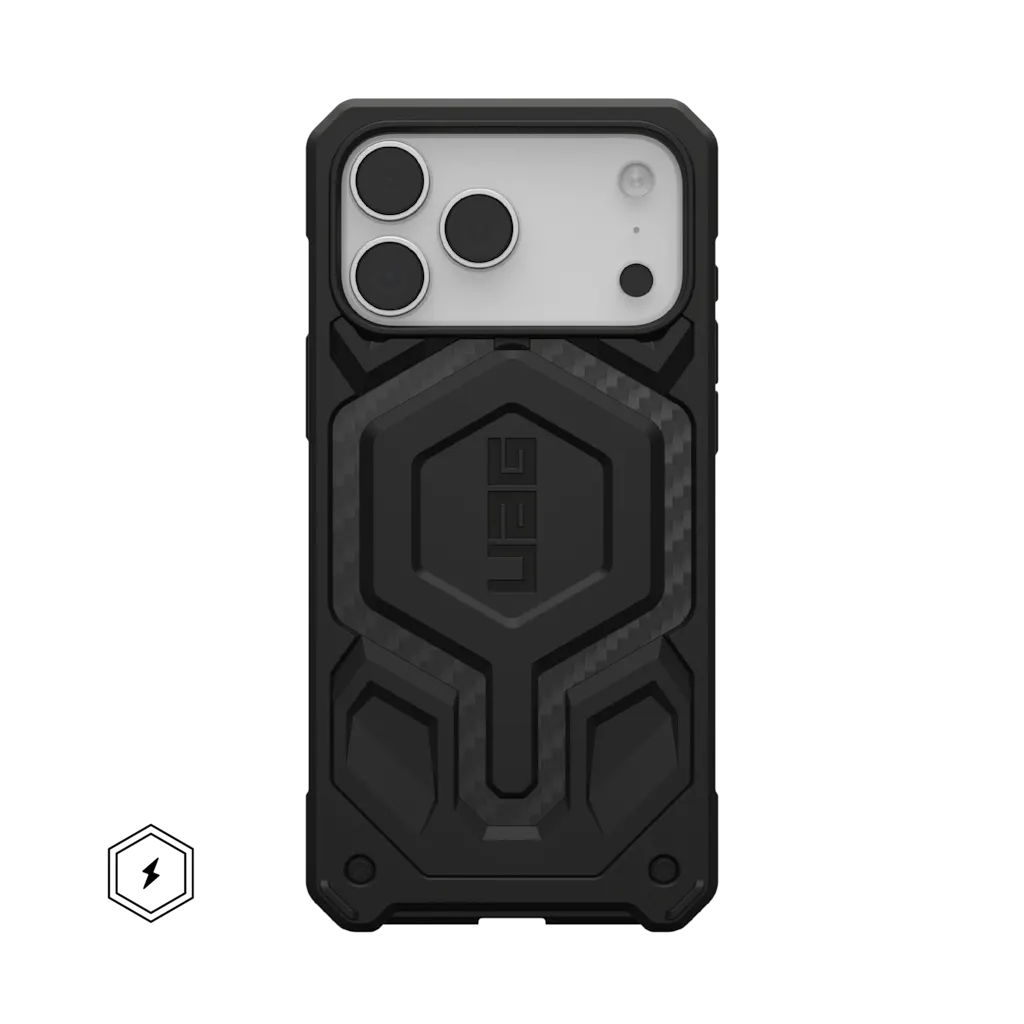 Schwarzes robustes iPhone-Gehäuse mit Hexagon-Muster und drei Kameralinsen.
