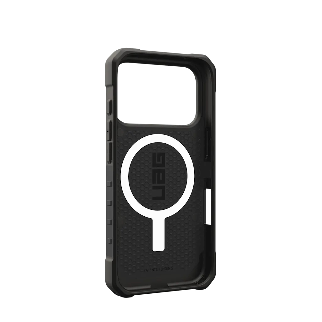 Schwarzes iPhone-Gehäuse mit UAG-Logo und magnetischem Ring, weiße Umrandung.