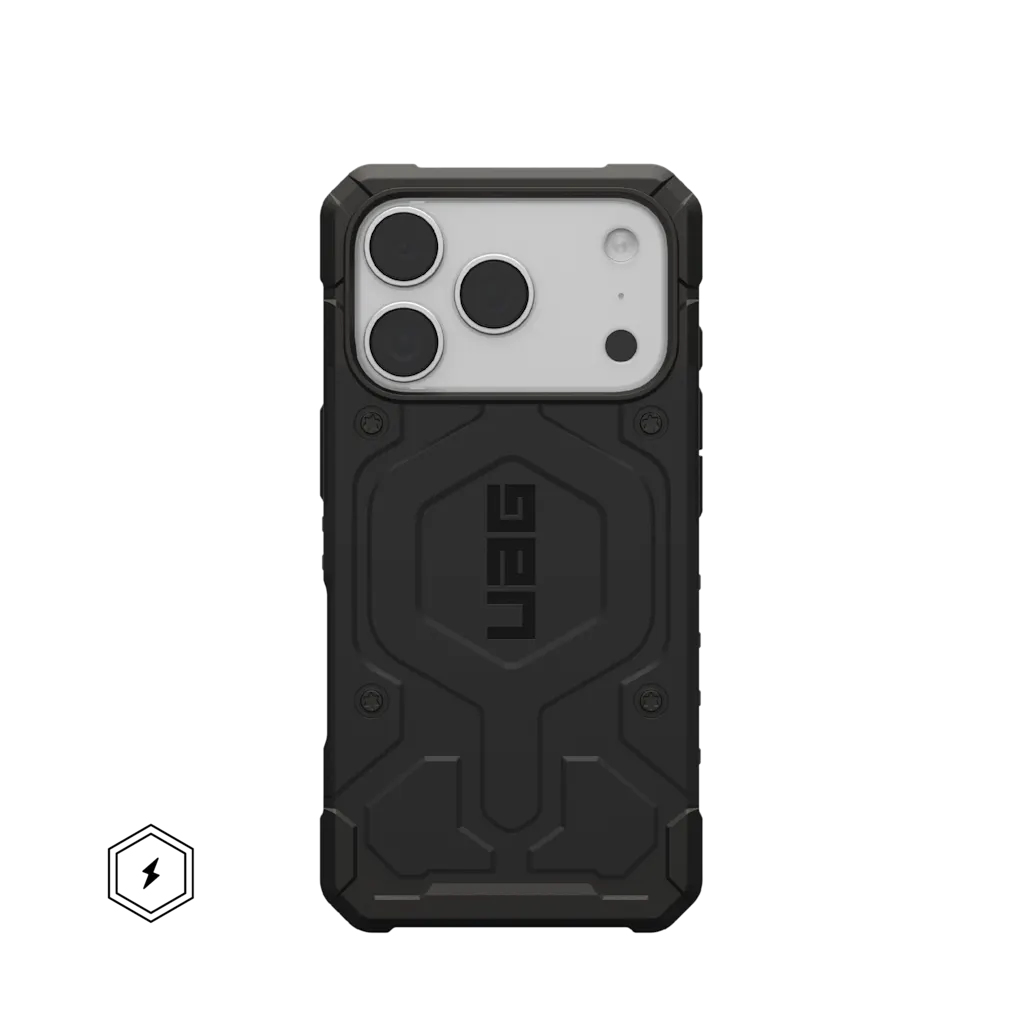 Schwarzes Handyhülle mit Kameraausschnitt und UAG-Logo.