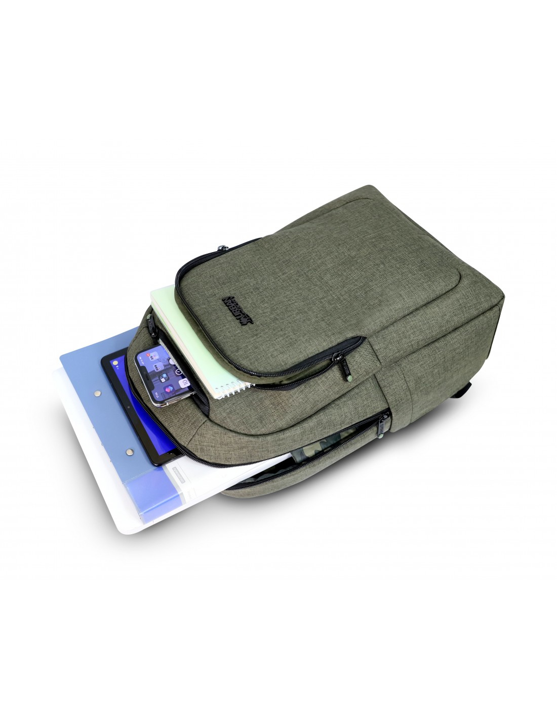 Ein grüner Rucksack mit einem Tablet, Notizbuch und Telefon.