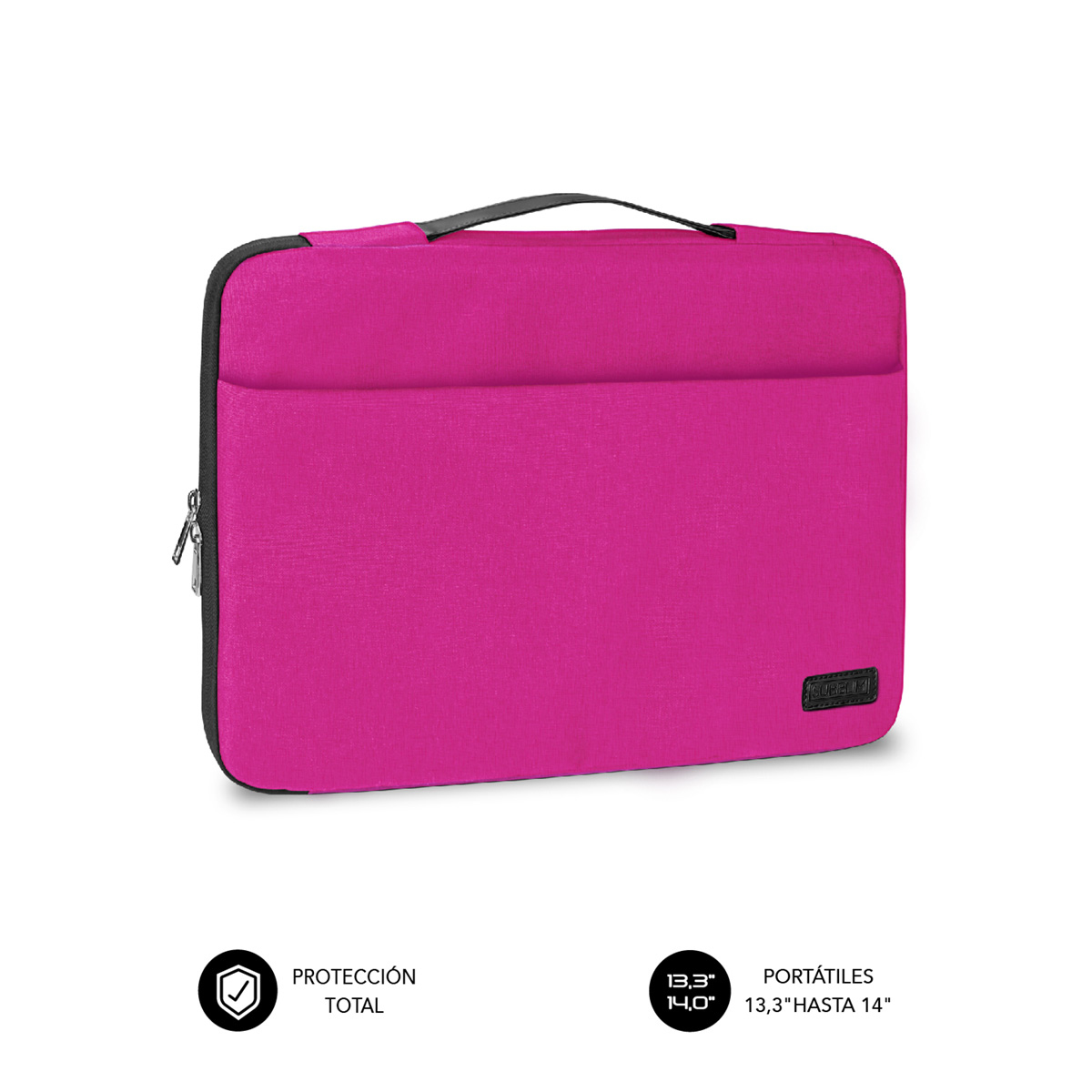 Una funda rosa para portátil con cremallera y asa negras.