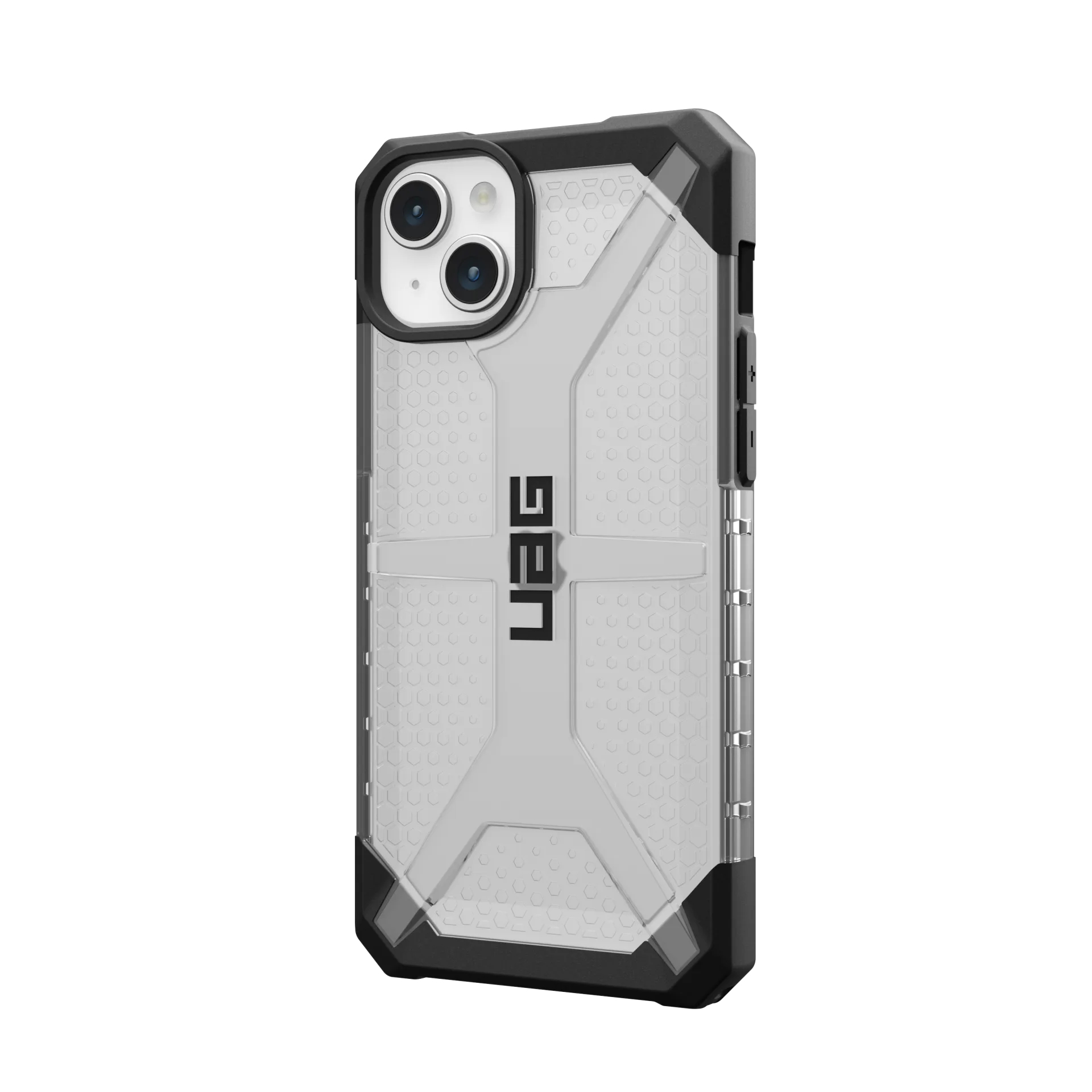 Custodia trasparente per telefono con accenti neri e logo UAG.