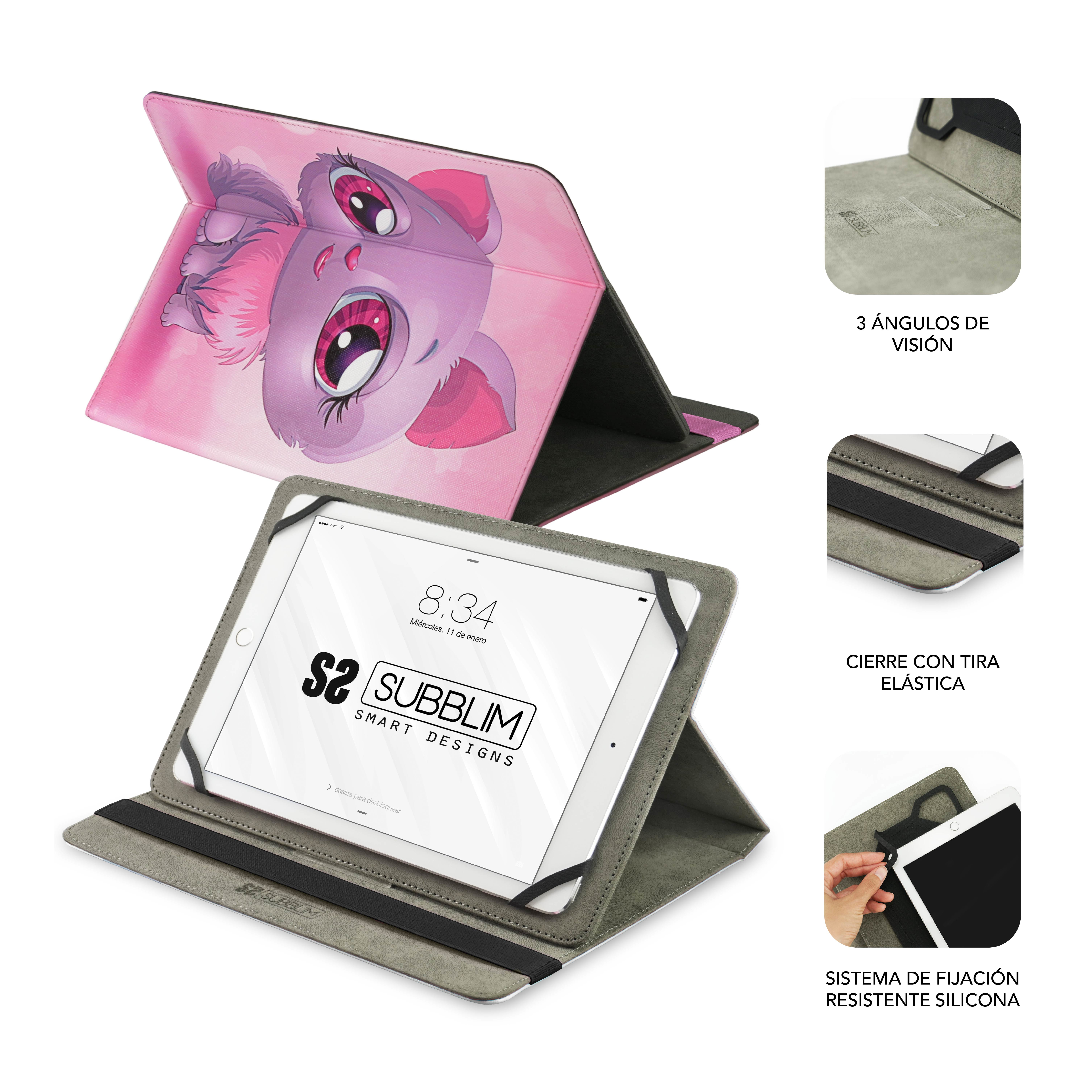 Funda para tablet con diseño de zorro rosa y función de soporte. Se muestran varias vistas.