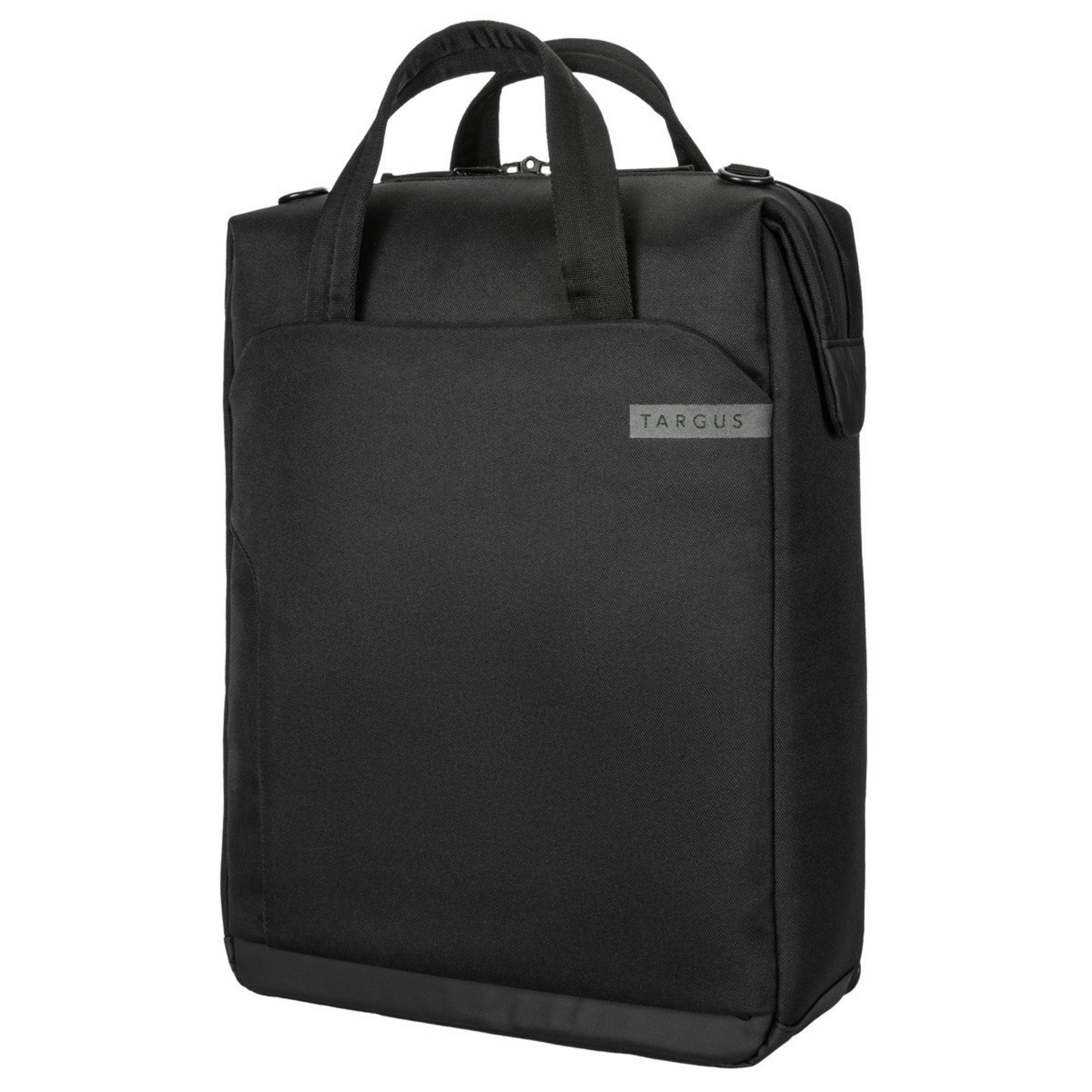 Schwarze Targus-Tasche mit Henkeln und Reißverschluss.
