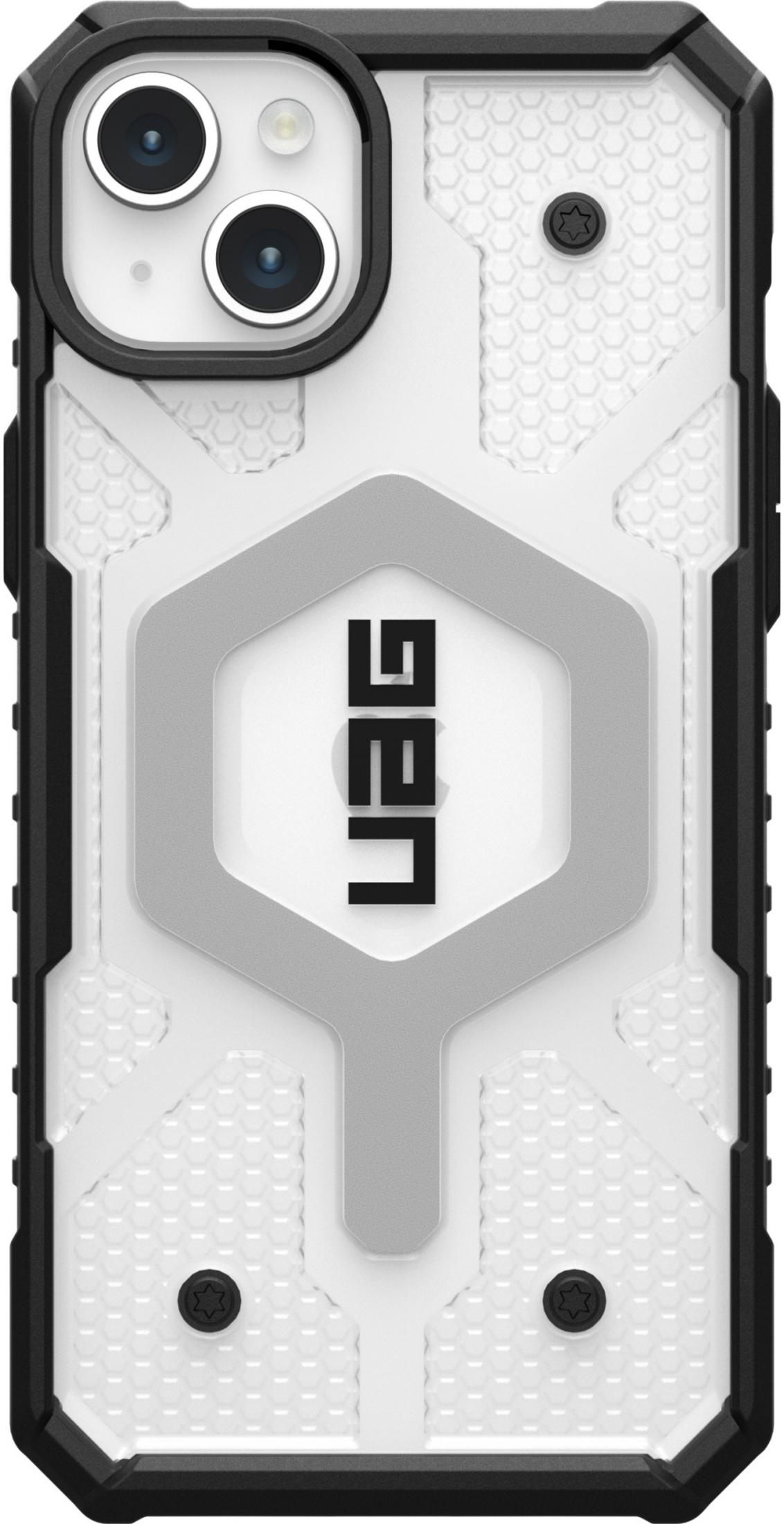 Eine weiße Hülle mit schwarzem Rahmen und einem sechseckigen UAG-Logo.