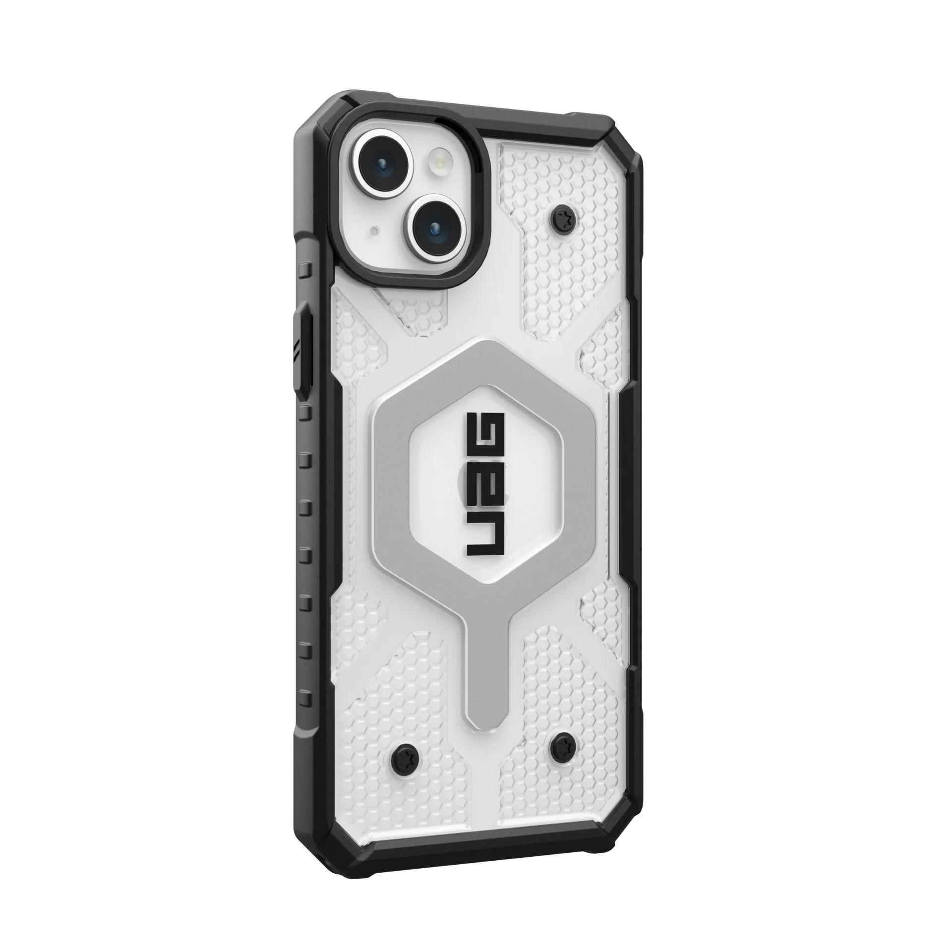 Ein weißes und schwarzes iPhone-Hülle mit geometrischem Muster und UAG-Logo.