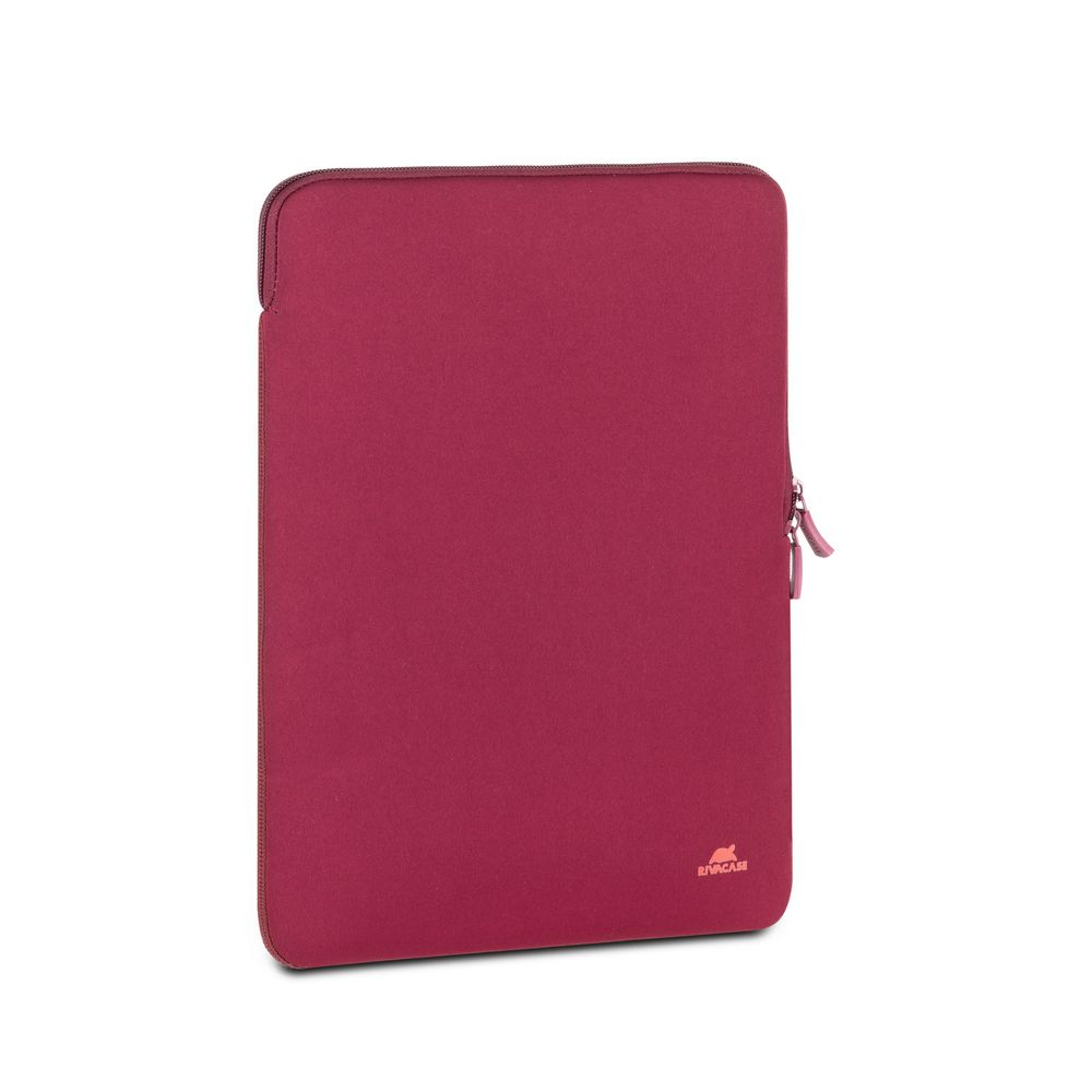 Una custodia rossa per laptop con cerniera e un piccolo logo in basso a destra.