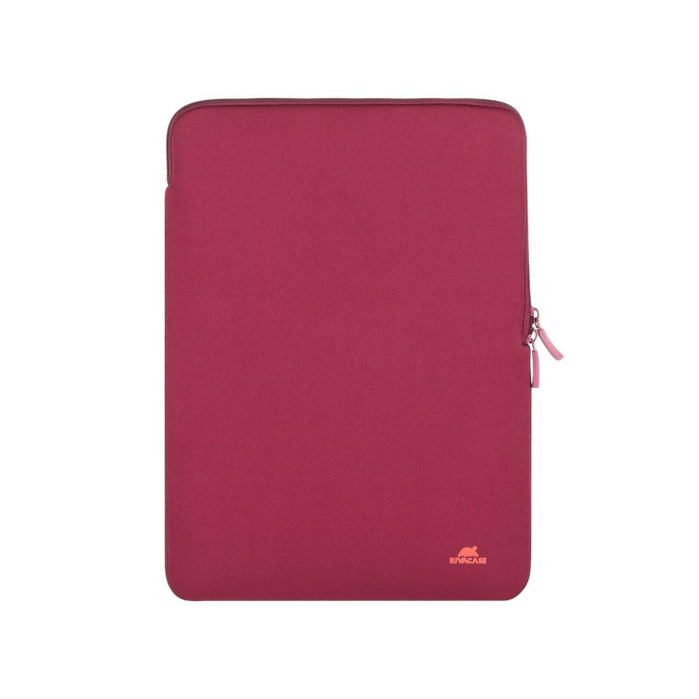 Una custodia per laptop rosso scuro con cerniera e un piccolo logo in basso a destra.