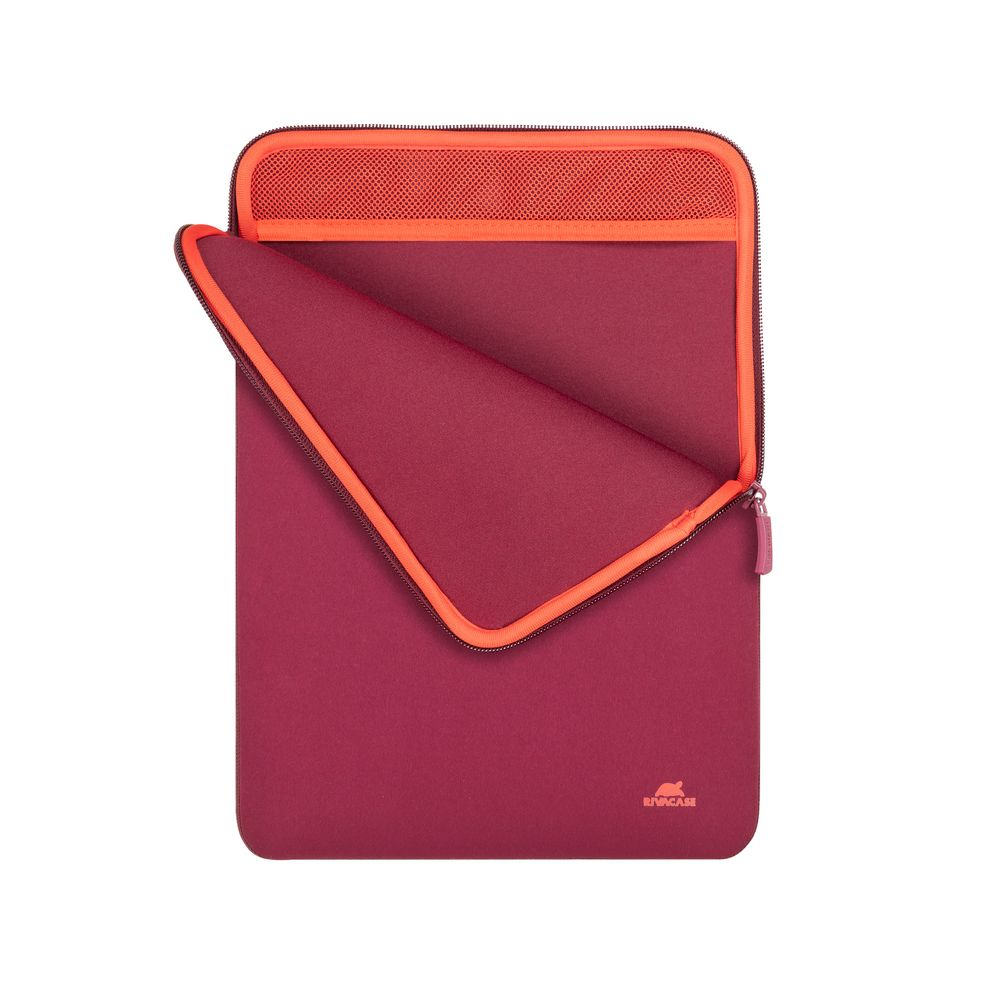 Una custodia per laptop rosso scuro con fodera in rete arancione e cerniera.