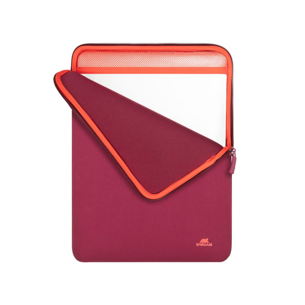 Una custodia per laptop color borgogna con cerniera arancione e fodera in rete. Un laptop è parzialmente all'interno.