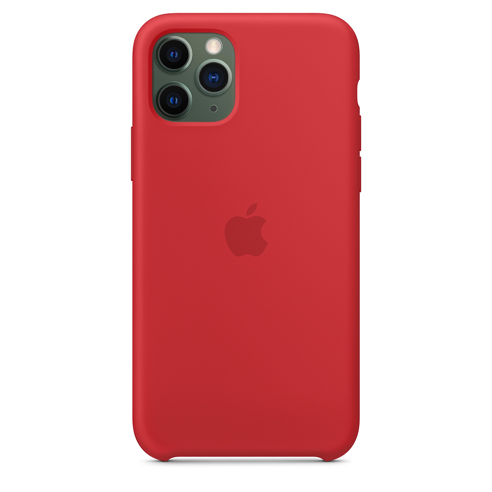 Rode iPhone hoes met Apple logo en drievoudige camera-uitsparing.