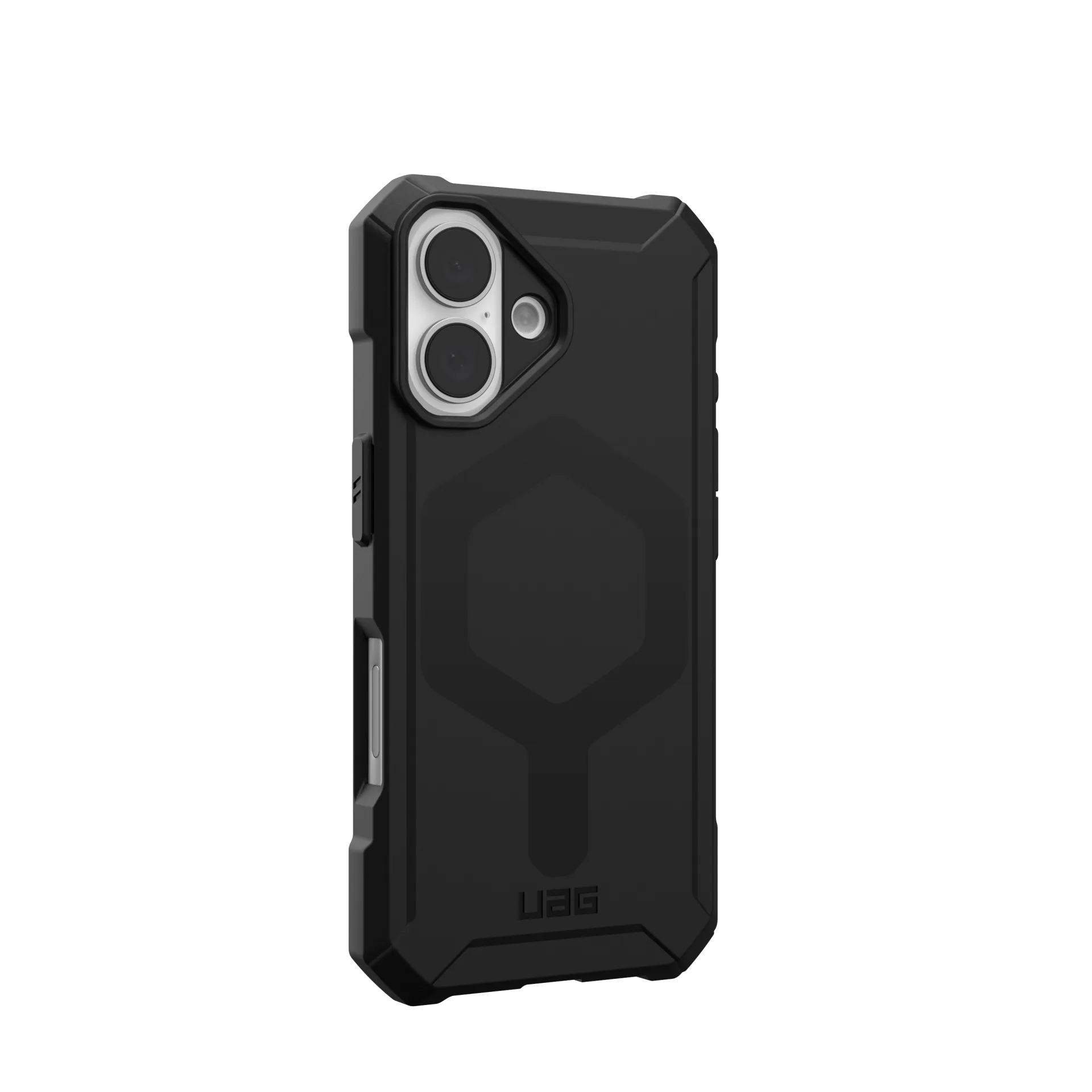 Black phone case with hexagonal pattern and camera cutout.