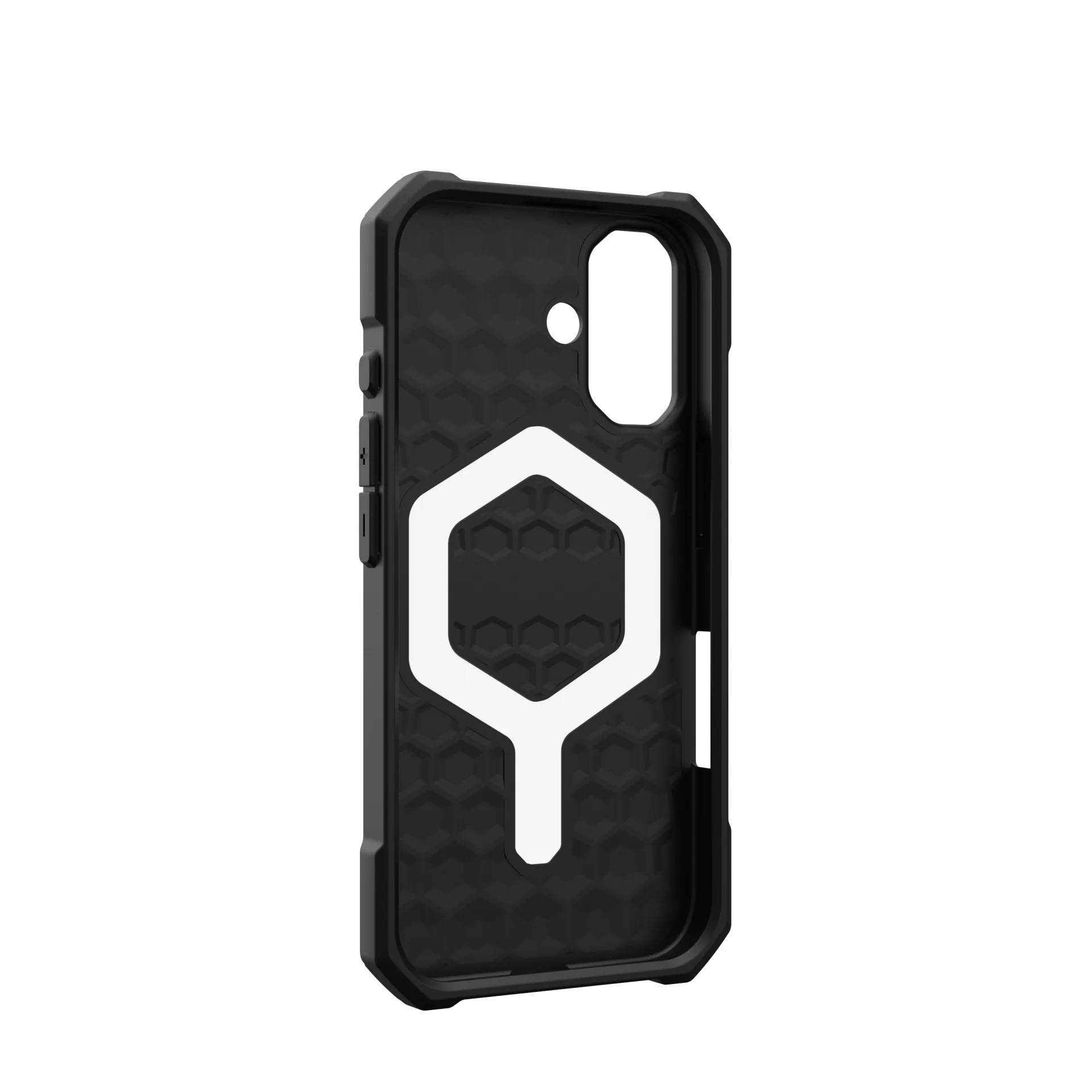 Black phone case with hexagonal pattern and white logo.