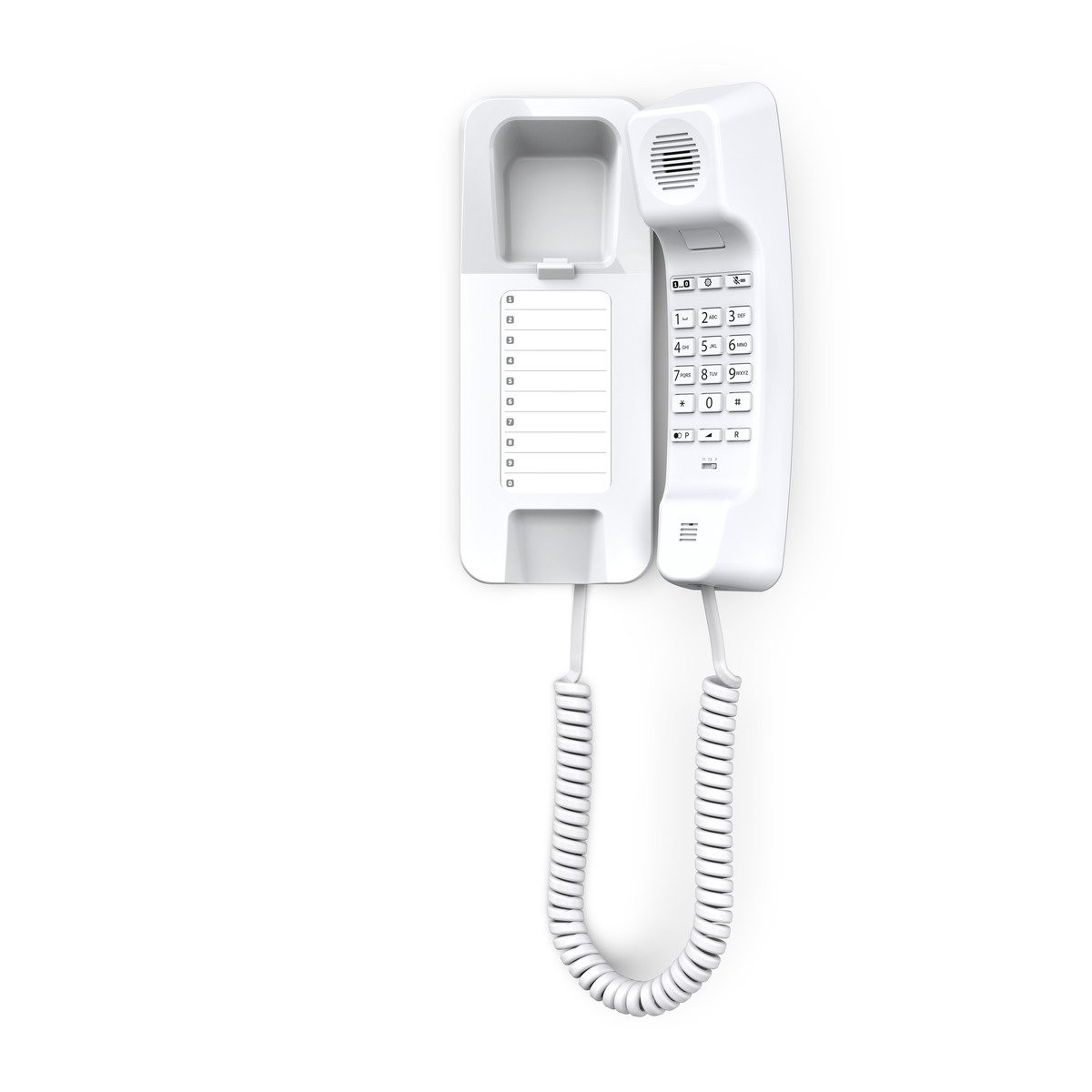 Ein weißes Wandtelefon mit Tastenfeld und einem abgewinkelten Hörer.