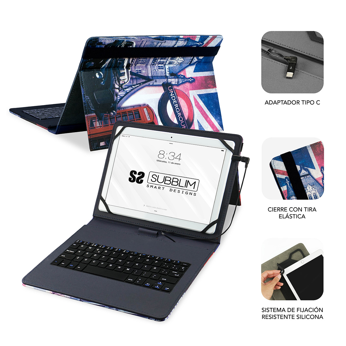 Funda para tableta con teclado diseño Londres, soporte abierto y puerto USB-C.
