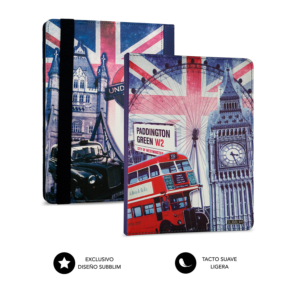 Dos fundas con temática de Londres: Big Ben, autobús rojo, London Eye, Union Jack.