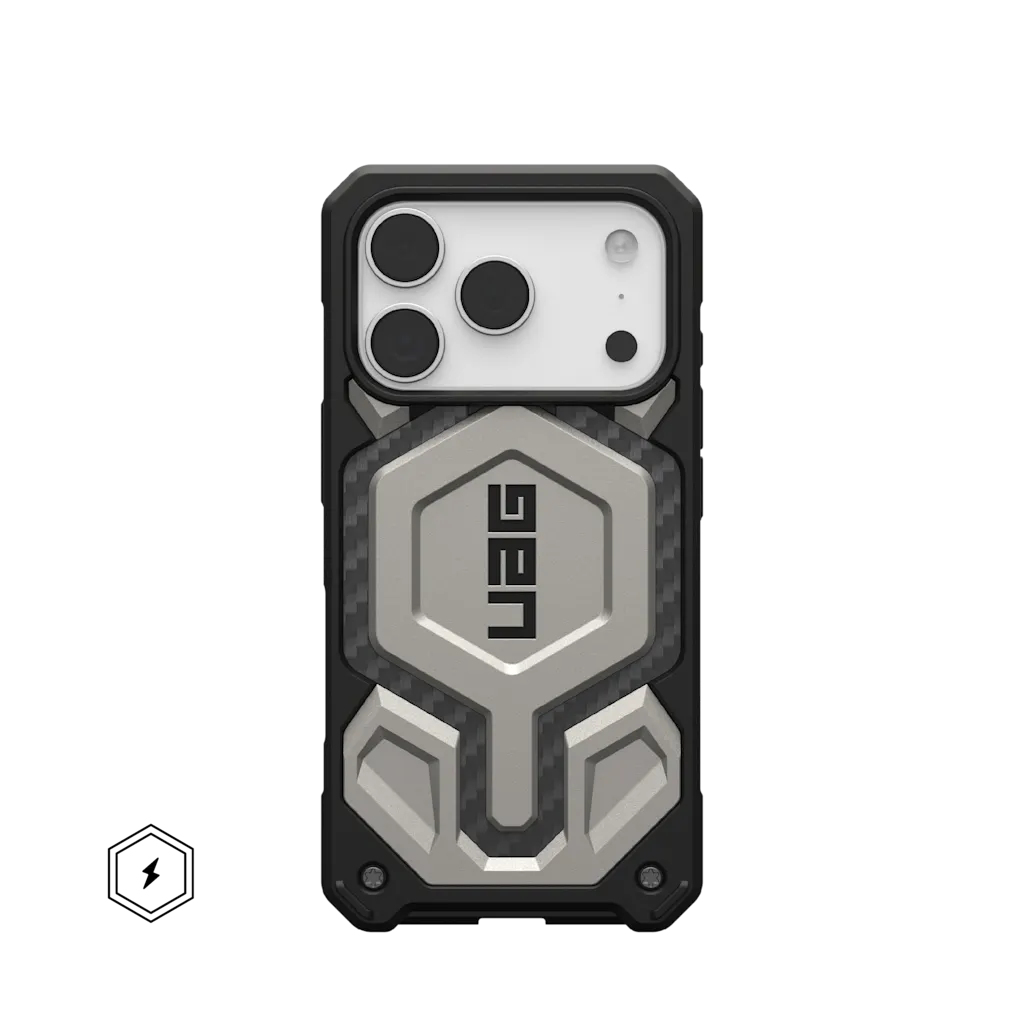Czarne etui na iPhone z srebrnym sześciokątnym logo UAG i akcentami z włókna węglowego.