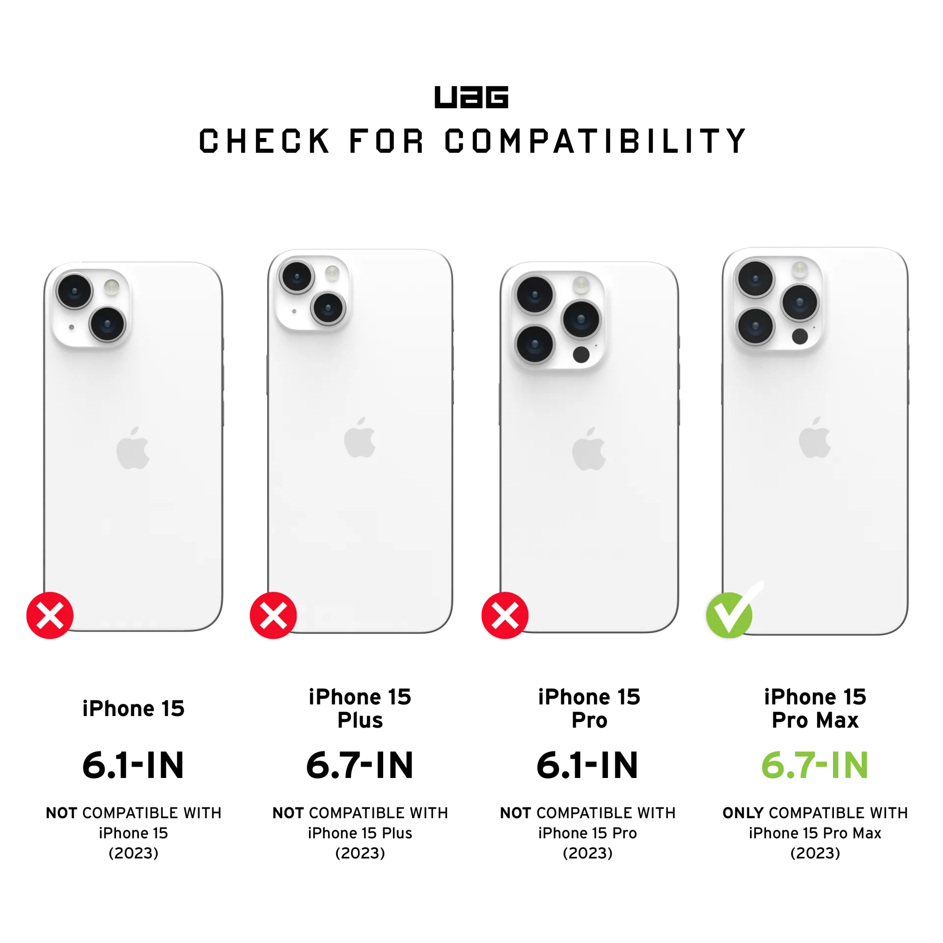 Vier iPhones: 15, 15 Plus, 15 Pro, 15 Pro Max. X, X, X, V.