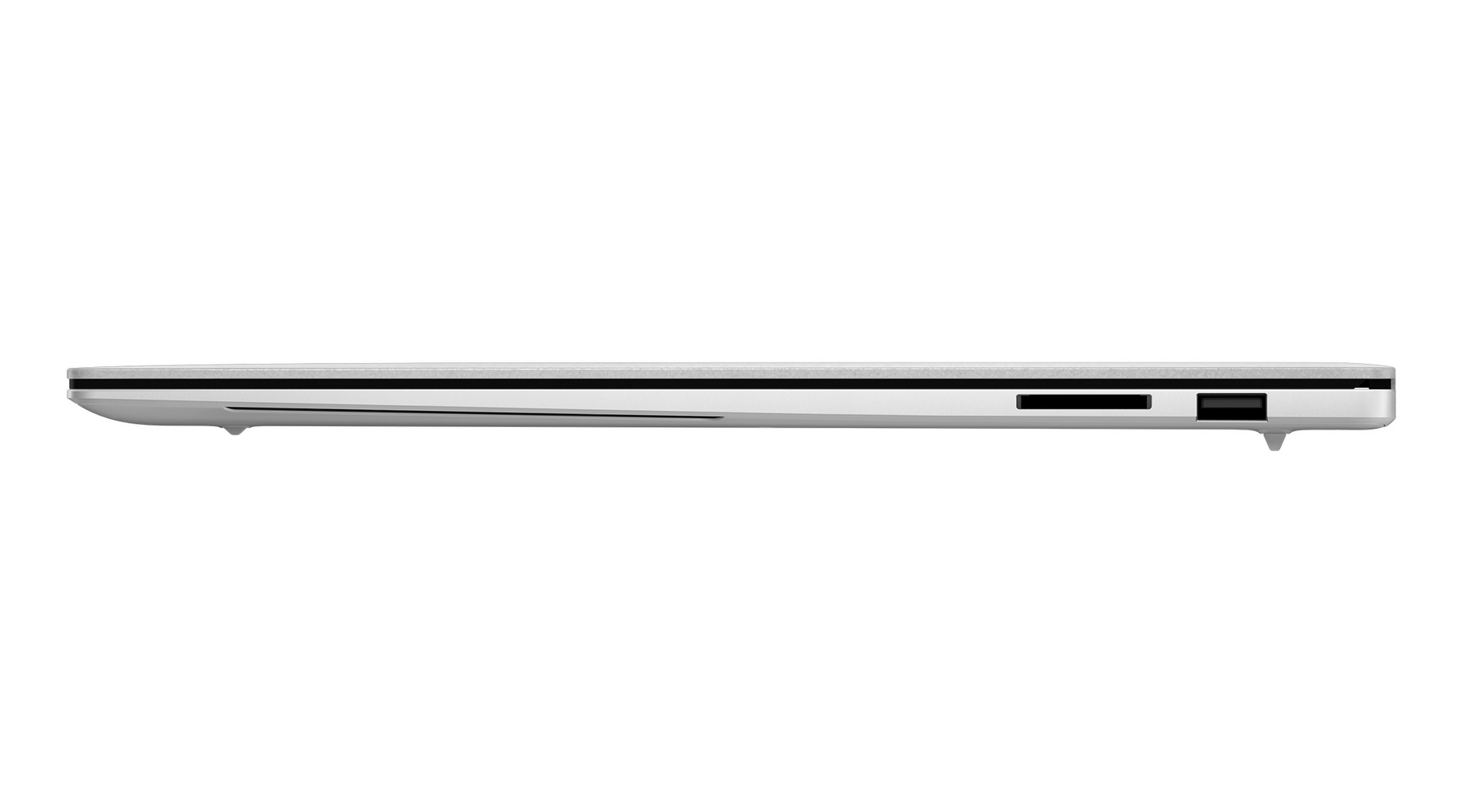 Vista laterale di un laptop sottile e argento con slot USB e per schede SD.