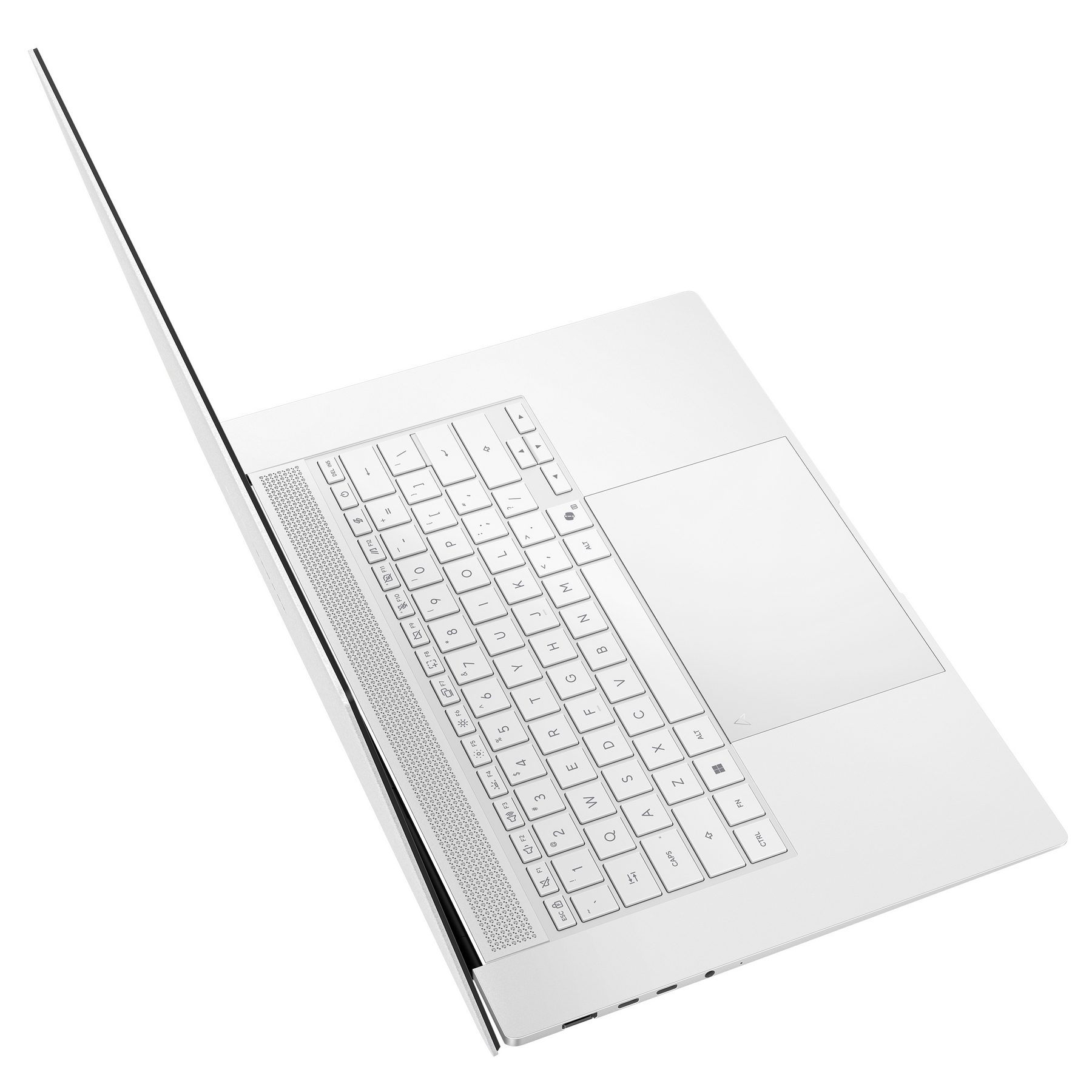 Scocca bianca per laptop con tastiera e touchpad, vista dall'alto a sinistra.