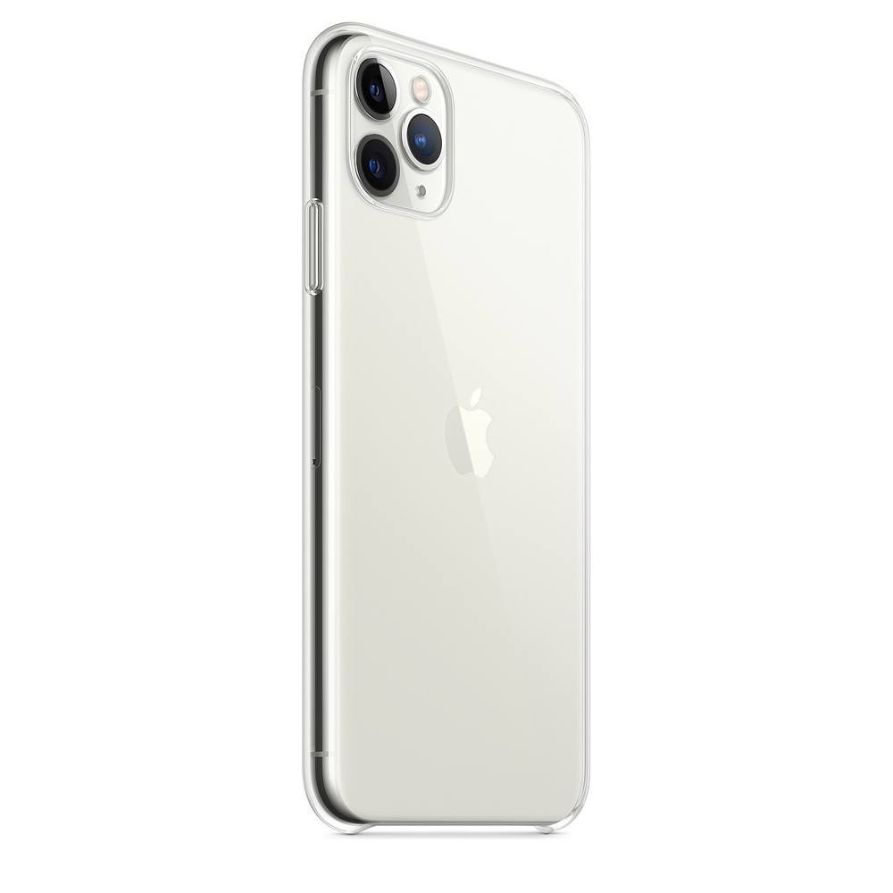 Ein durchsichtiges iPhone-Gehäuse mit einem dreifachen Kamerasystem auf der Rückseite.
