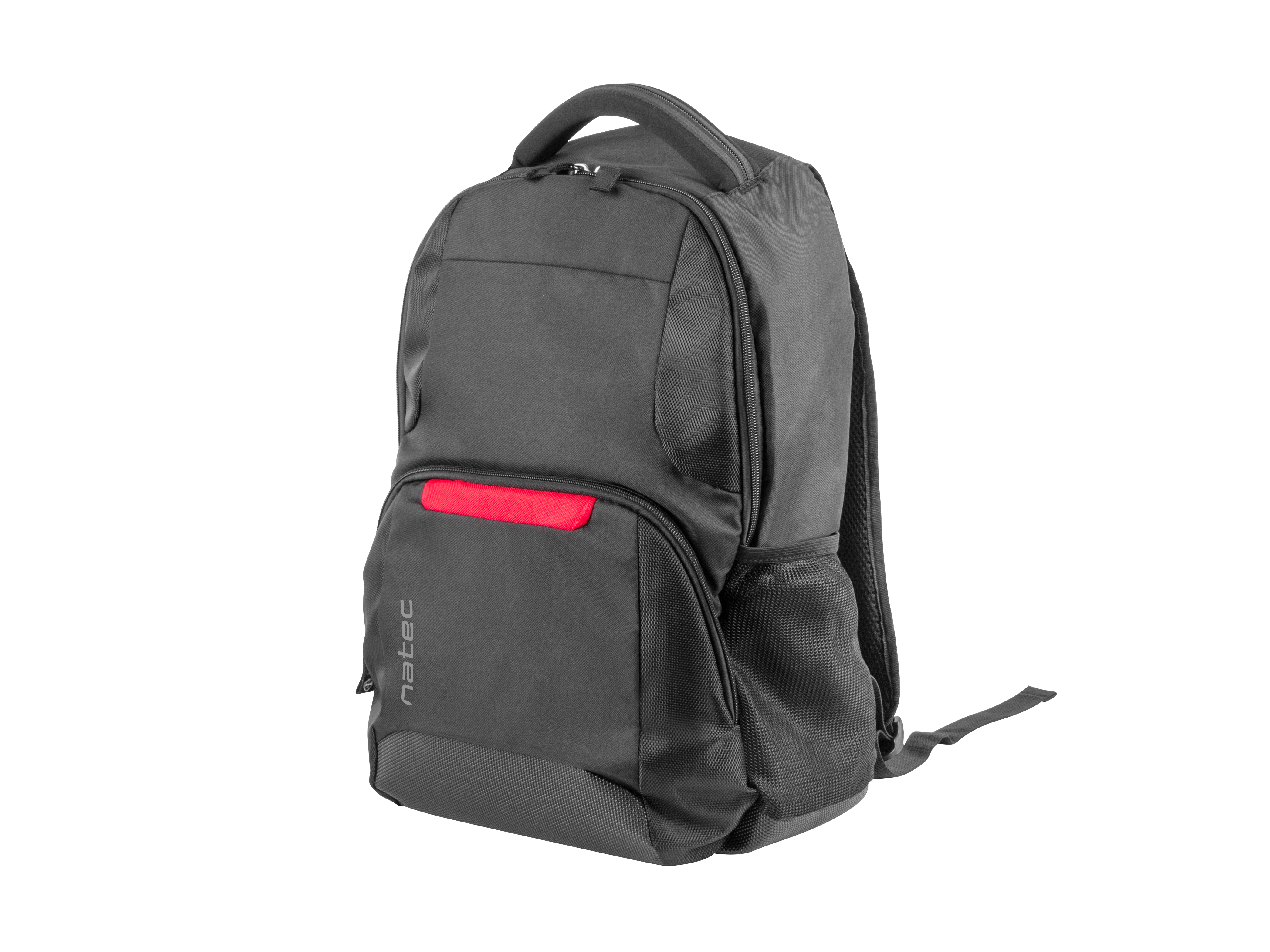 Uno zaino nero con accenti rossi e tasche laterali in rete.