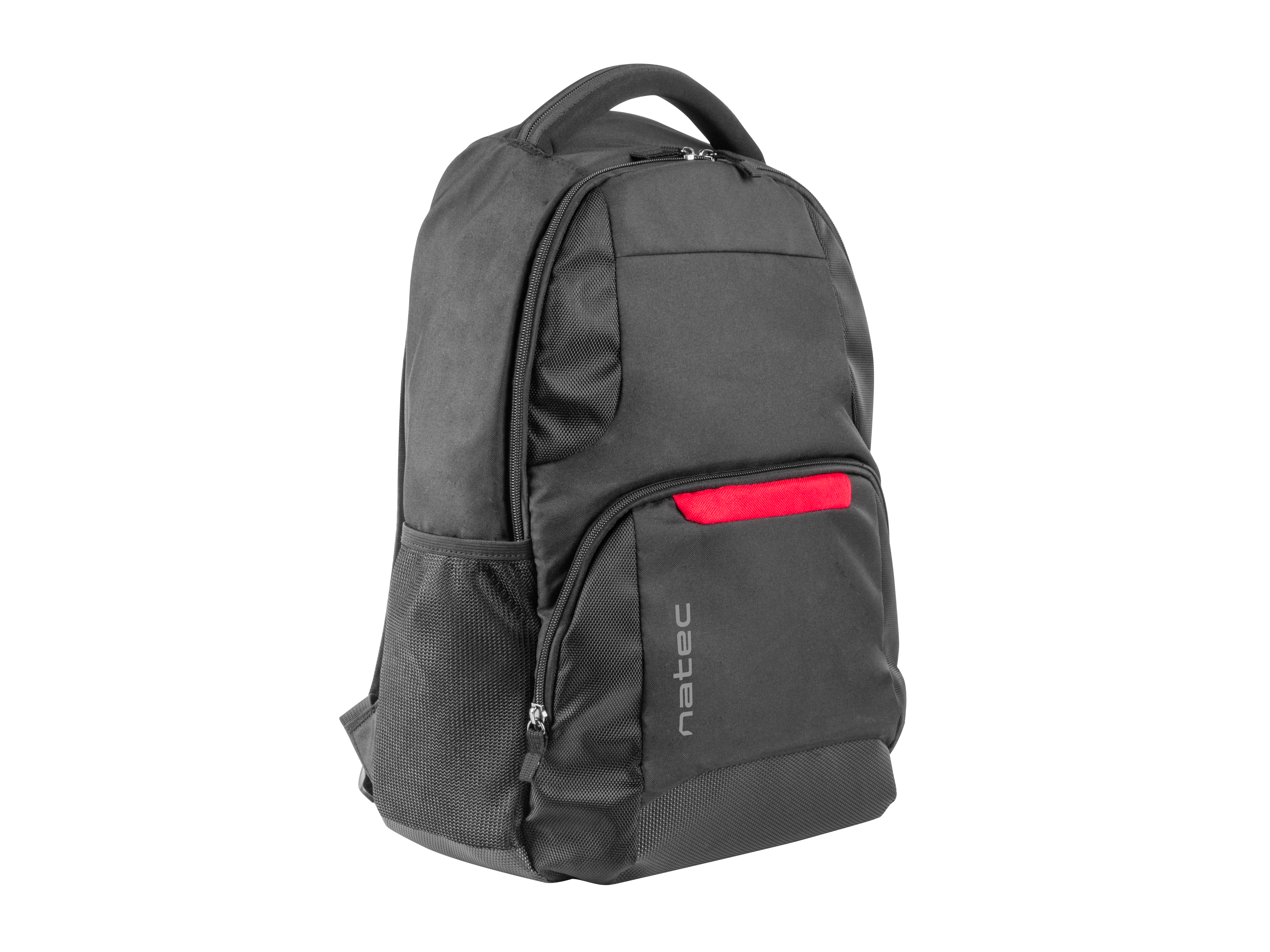 Uno zaino nero con accento rosso e tasche in rete.
