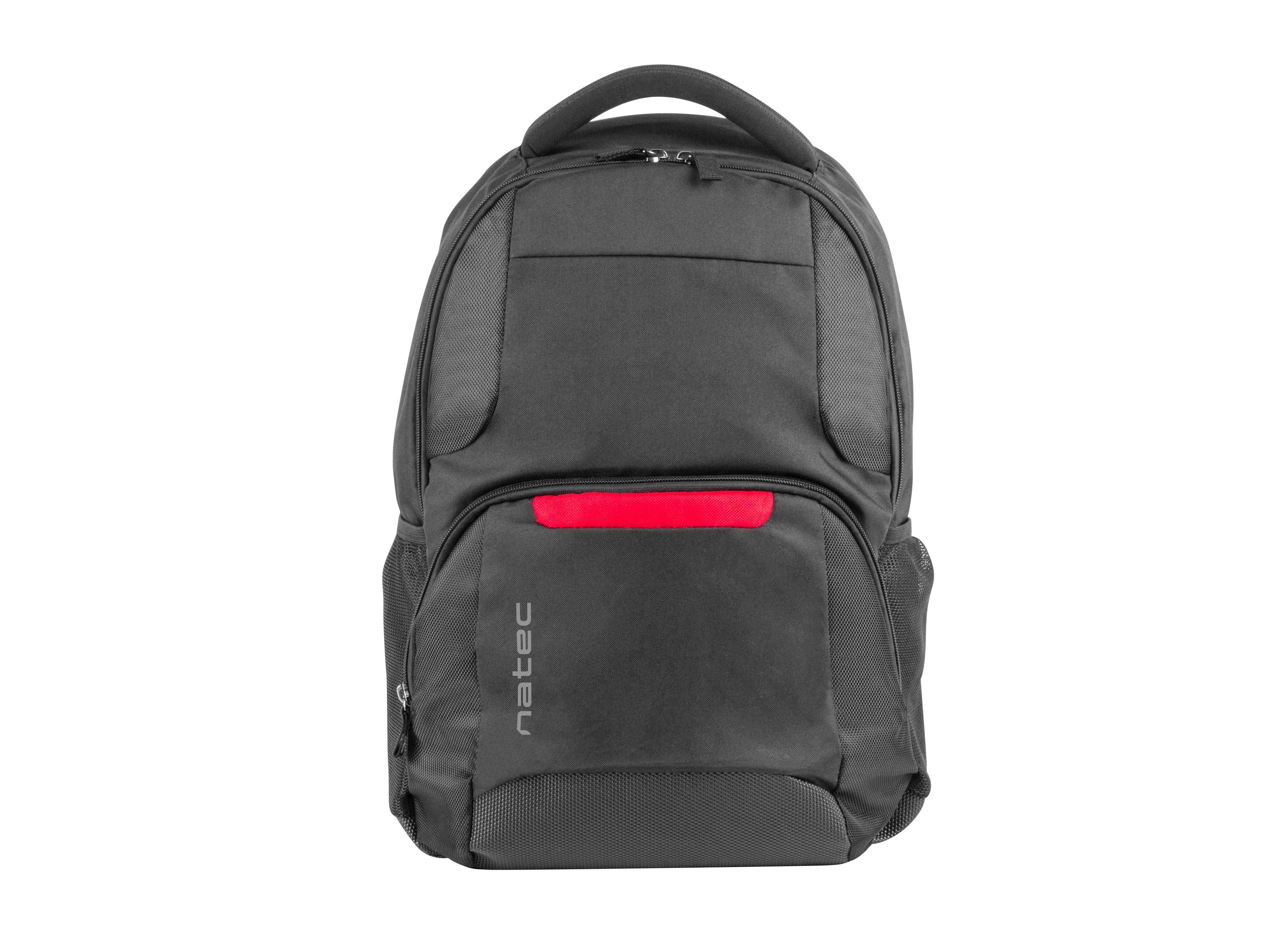 Zaino nero con accento rosso e stampa logo, sfondo bianco