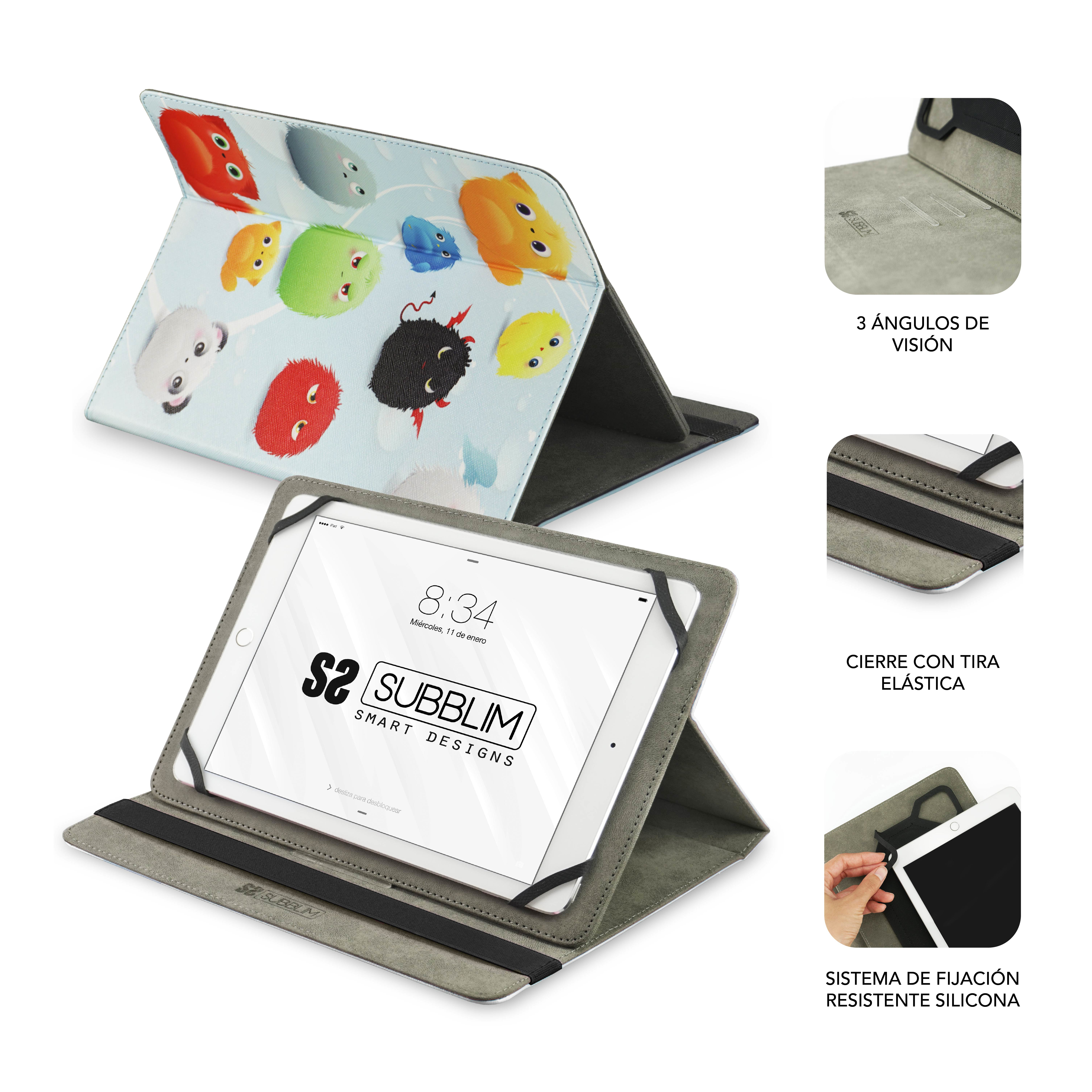 Funda para tableta con monstruos coloridos y tableta en soporte.