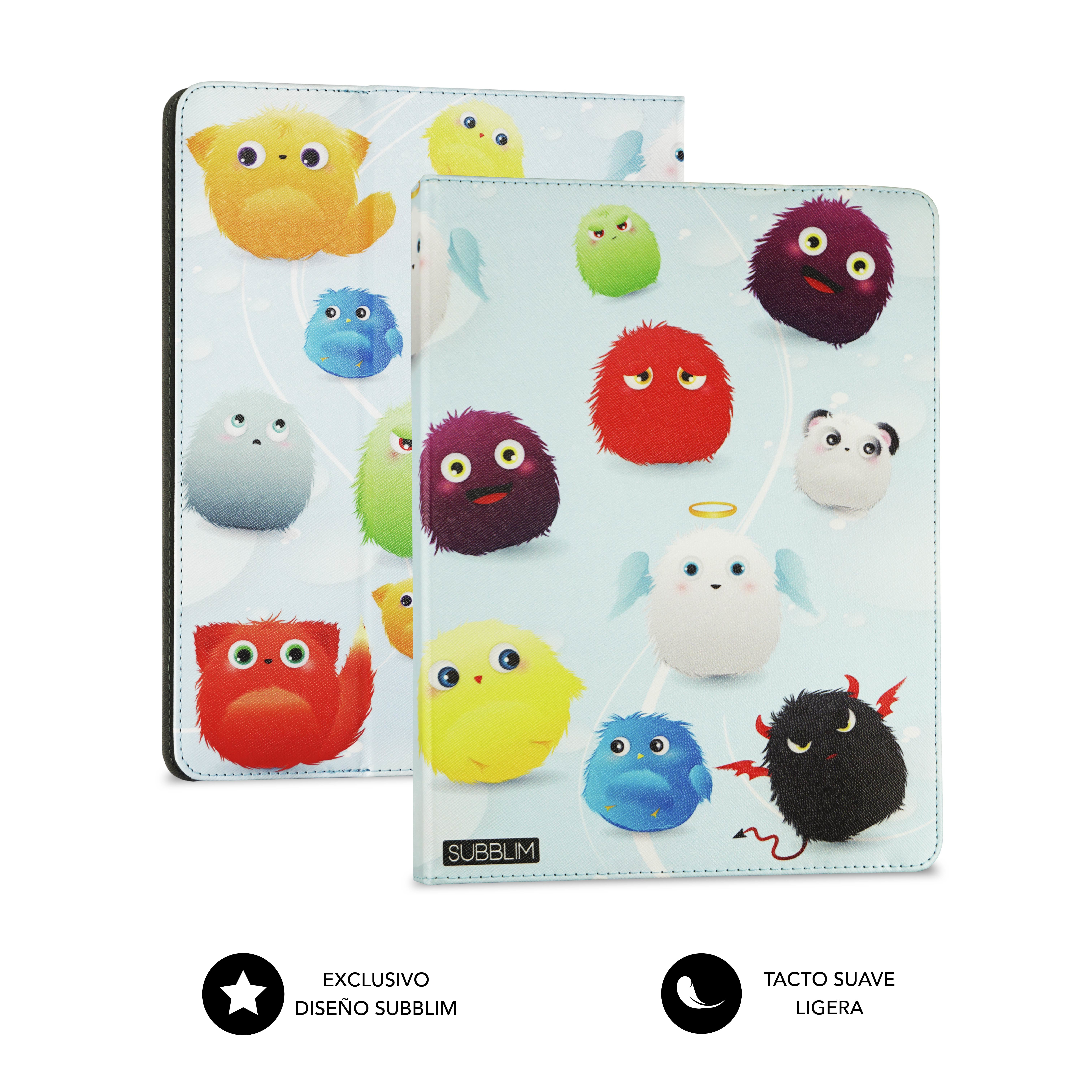 Dos fundas para tablet con monstruos de dibujos animados coloridos y peludos.
