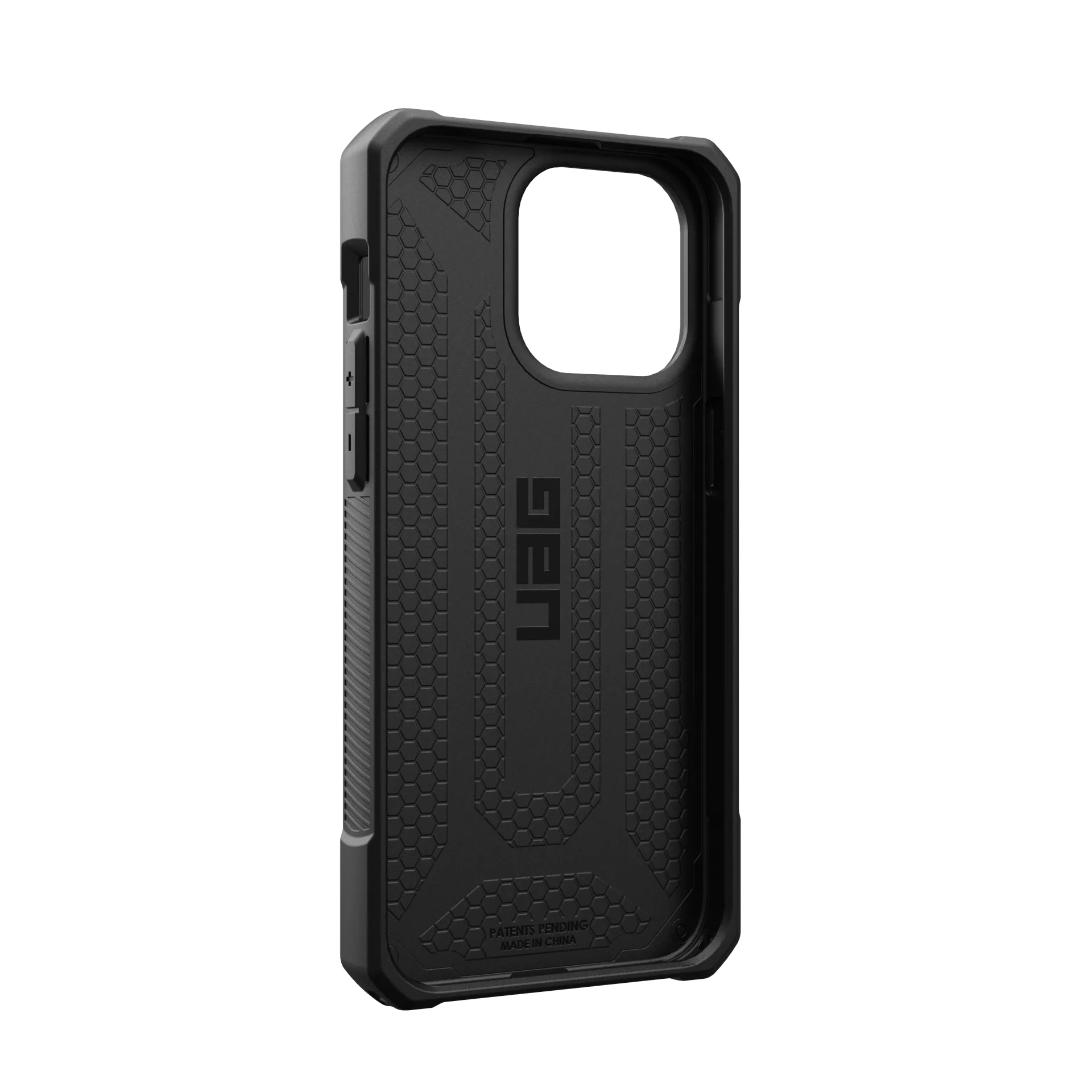 Schwarze Handyhülle mit Wabenmuster und "UAG"-Logo.