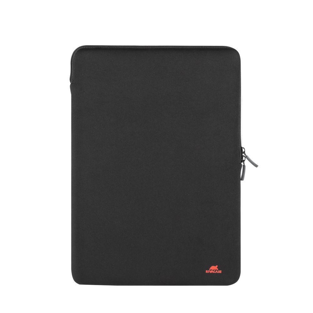 Zwarte laptop sleeve met rits en rood logo rechtsonder.