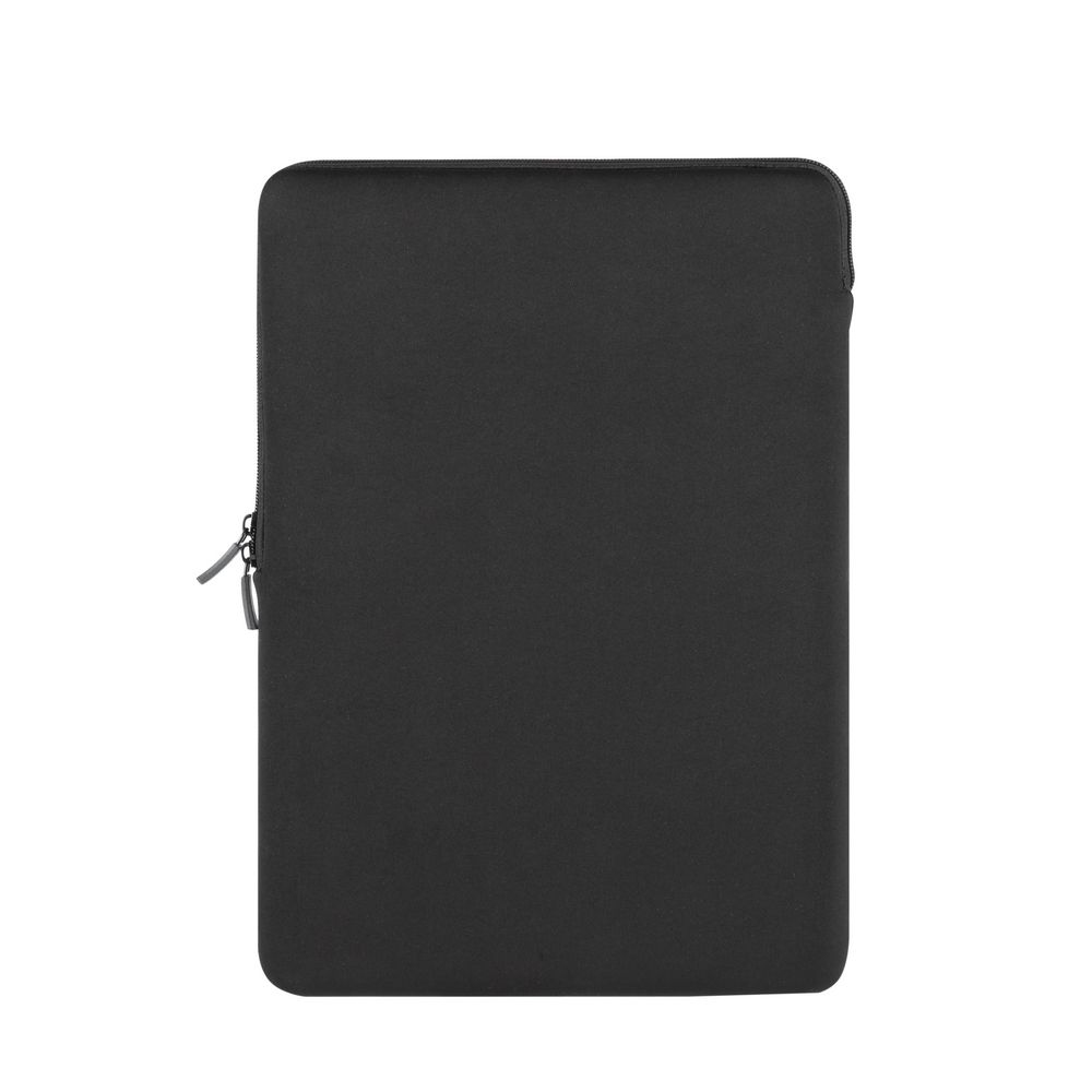 Een zwarte laptop sleeve met rits, geïsoleerd op witte achtergrond.