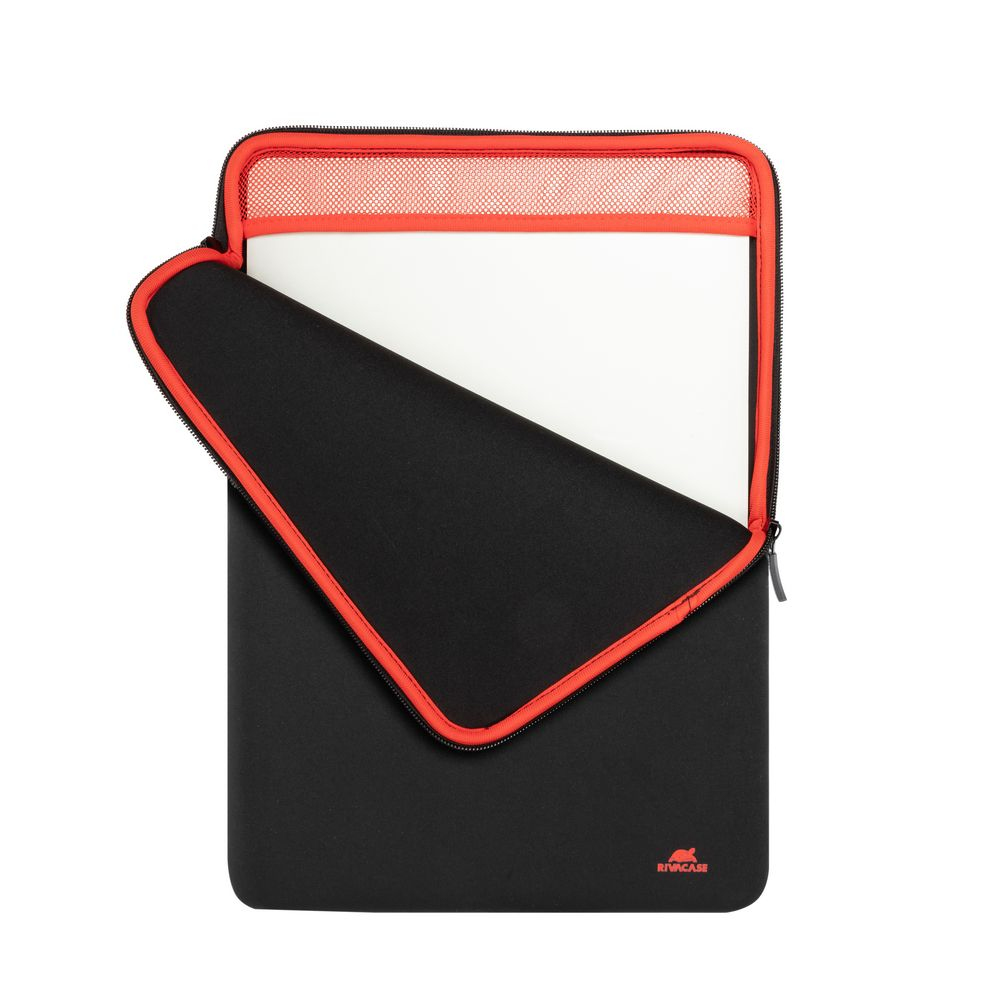 Zwarte laptophoes met rode rits en witte binnenkant.