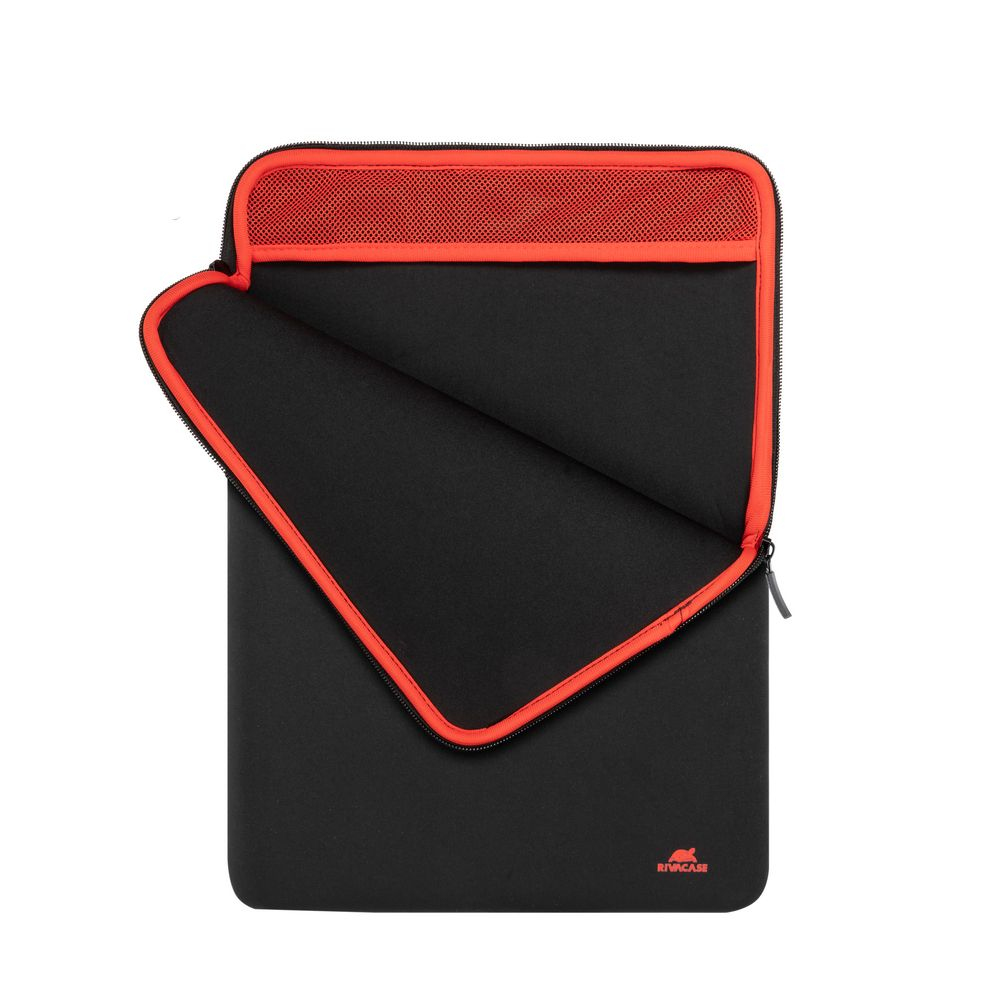 Zwarte laptophoes met rode rits en mesh detail. Binnenkant open.