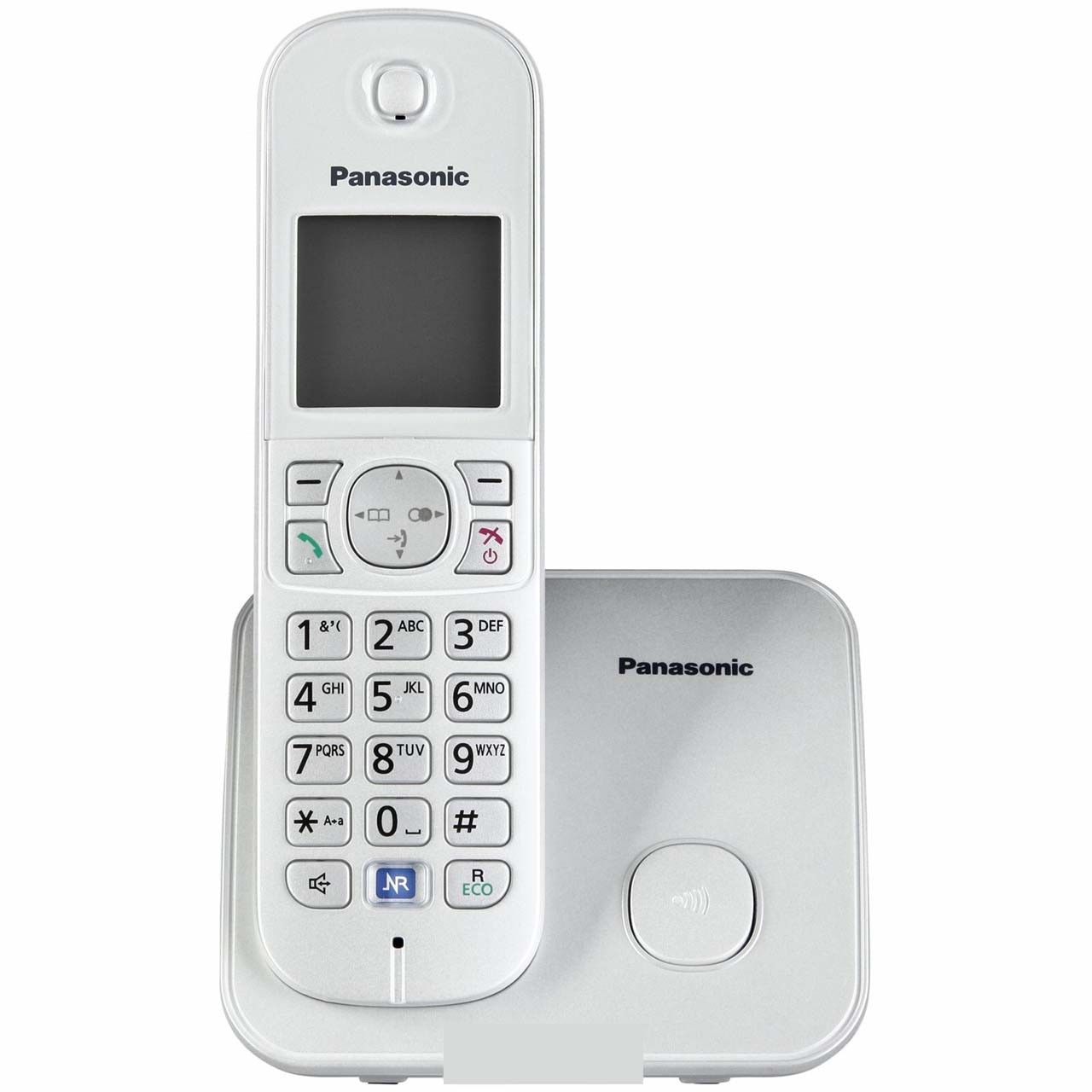 Biały telefon bezprzewodowy Panasonic z klawiaturą i bazą.