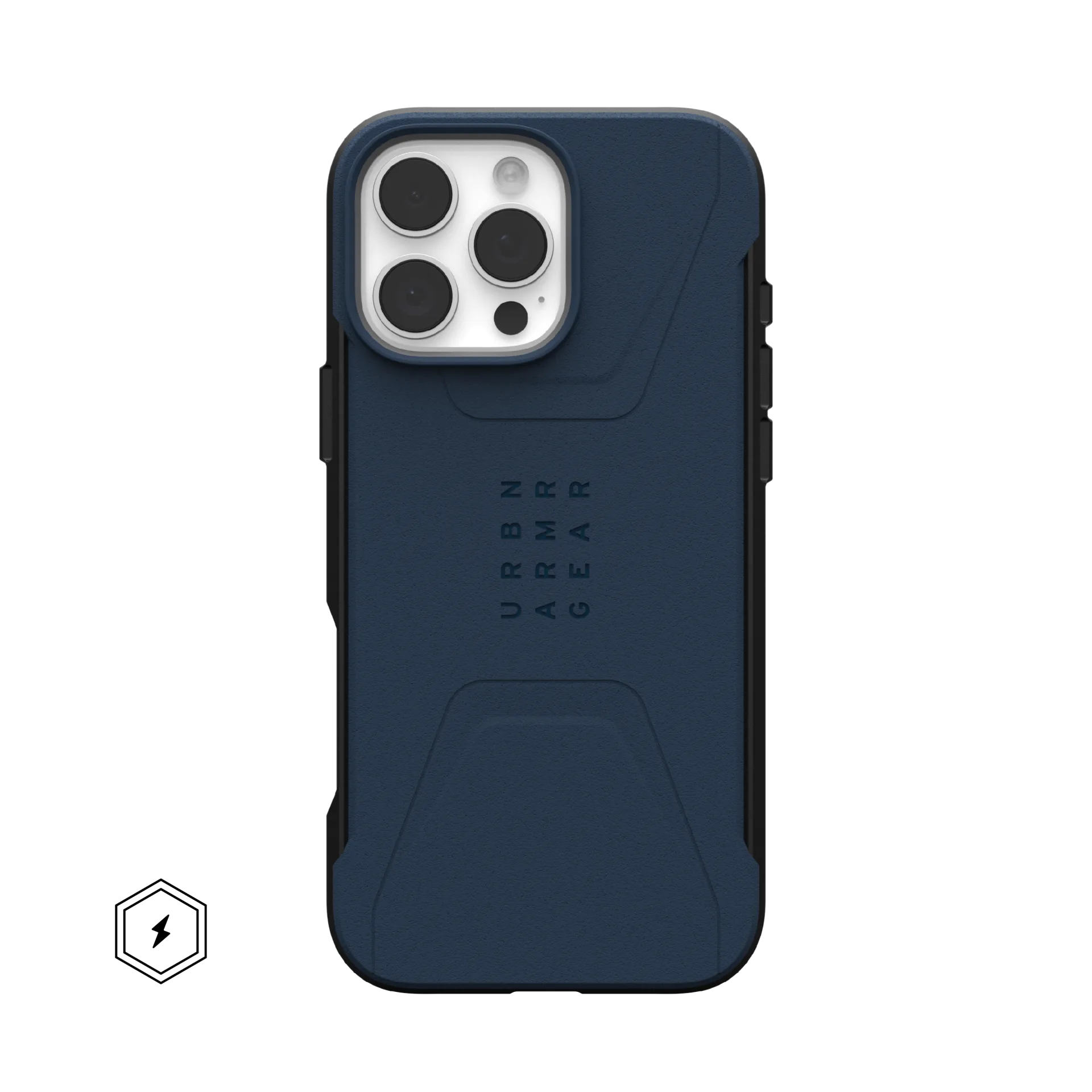 Donkerblauwe telefoonhoes met drie camera's en logo.