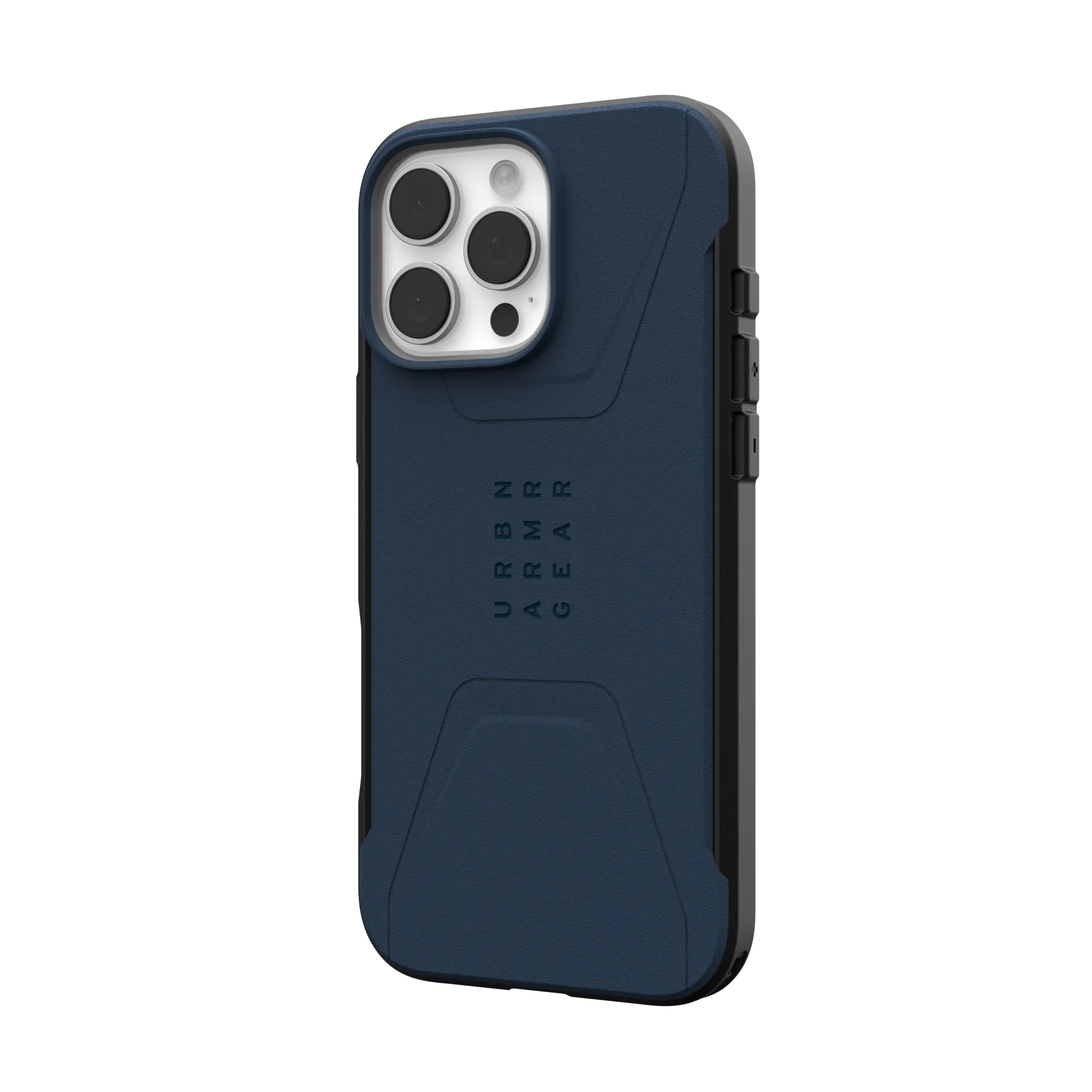 Donkerblauwe telefoonhoes met zwart frame en drievoudige camera-uitsparing.